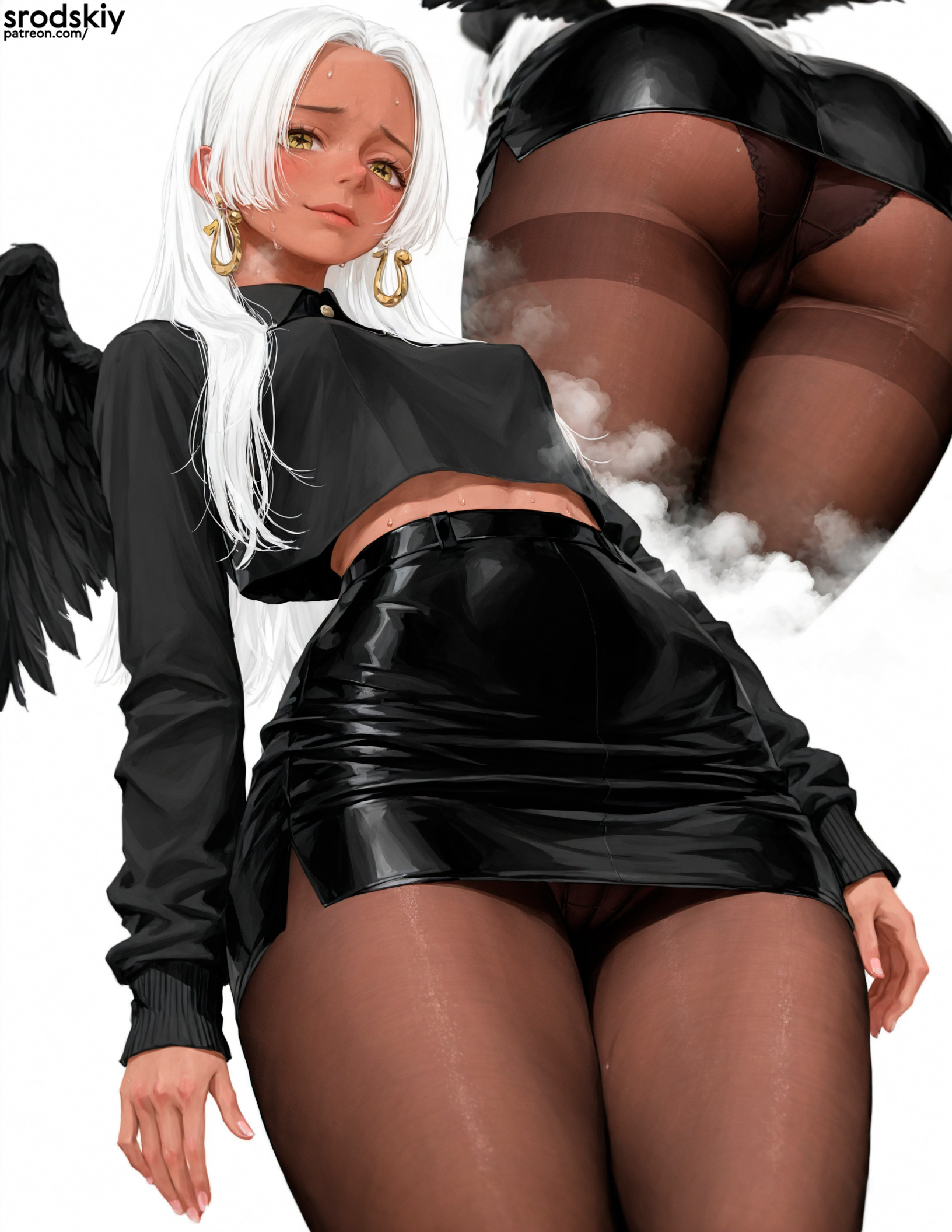 1girls, 5 fingers, ai generated, ass, ass bigger than head, ass cleavage, ass crack, ass focus, big ass, big forehead, black clothing, black shirt, black skirt, black topwear, black wings, bubble ass, bubble butt, butt, butt crack, butt focus, buttocks, camel toe, cameltoe, casual clothes, collage, collared shirt, cropped shirt, cute, cute expression, cute eyes, cute face, cute girl, earrings, fat ass, feathered wings, female, female only, fingers, first person view, forehead, front view, gold earrings, hentai, highleg, highleg skirt, hips, horny, horny female, horseshoe earrings, light skin, light-skinned female, lips, long fingers, long sleeves, looking at viewer, low-angle view, microskirt, midriff, midriff peek, miniskirt, multiple angles, multiple poses, multiple views, office lady, one piece, panties, panties under pantyhose, pantyhose, pantyshot, pantyshot (standing), pencil skirt, perky breasts, petite, petite breasts, petite female, petite girl, pink fingernails, pov, pov eye contact, pussy visible through clothes, rear view, round ass, s-snake (one piece), shirt, shy, shy expression, side slit, skinny, skinny female, skinny hands, slit skirt, small breasts, small hands, small nose, srodskiy, star-shaped pupils, sweat on forehead, symbol-shaped pupils, tagme, teen girl, teenage girl, teenager, thick thighs, thighs, thin female, thin waist, tight clothing, tights, tiny waist, upskirt, vulgar, white hair, wide hips, wings, yellow earrings, yellow eyes, young, young female, younger female