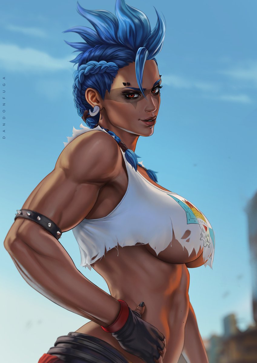 1girls 2d black_nails blizzard_entertainment blue_hair breasts dandon_fuga dark-skinned_female earrings female female_focus female_only fingerless_gloves fit fit_female junker_queen large_breasts looking_at_viewer muscular muscular_female overwatch overwatch_2 piercing red_eyes solo solo_female solo_focus toned toned_female torn_clothes torso
