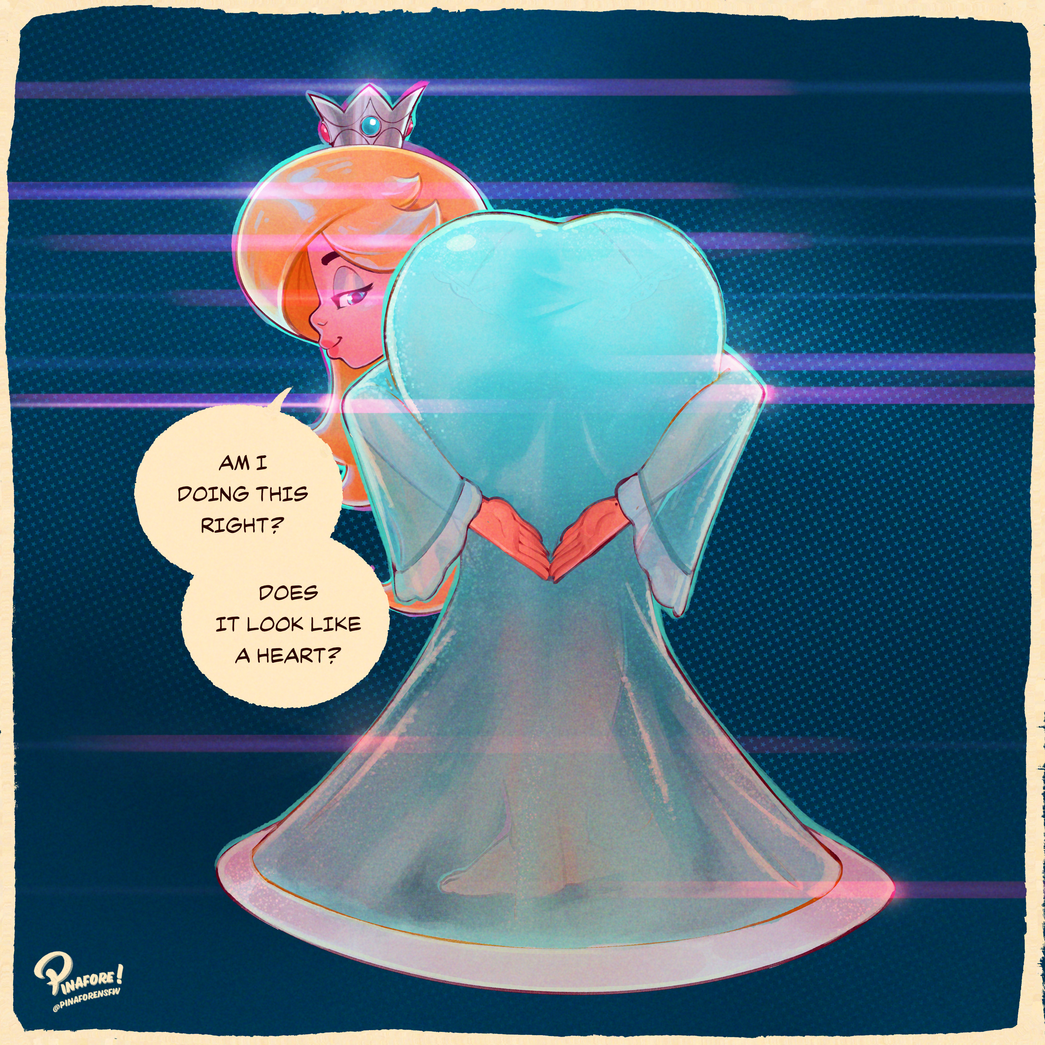 1girl, ass, english text, half-closed eyes, looking back, mario (series), pinafore (artist), praise da booty (meme), princess rosalina, smile, text