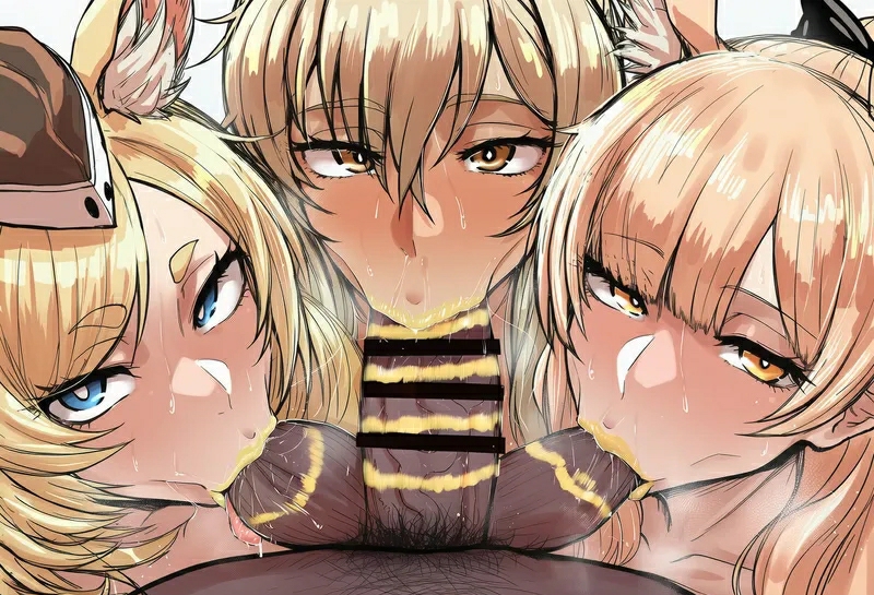 :>=, 1boy, 3girls, ai generated, arknights, ball sucking, balls sucking, bj, blemishine (arknights), blonde hair, blowjob, blowjob face, cock hungry, collaborative fellatio, dark skin, dark-skinned male, double balls sucking, fellatio, female, horny, horny female, interracial, light skin, light-skinned female, lipstick mark, lipstick on balls, lipstick on penis, looking at viewer, looking pleasured, male, multiple girls, nearl (arknights), nearl the radiant knight (arknights), penis, pleasure face, pubic hair, sucking balls, sucking testicles, tagme, triple fellatio