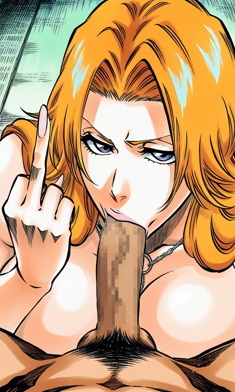 1girls, ai generated, big breasts, bleach, bleach: the thousand-year blood war, blowjob, cursed21miko, curvy, curvy female, curvy figure, huge breasts, light skin, light-skinned female, looking at viewer, male pov, male pubic hair, matsumoto rangiku, middle finger, mosaic censoring, nude, nude female, pubic hair, solo, solo female, tite kubo style