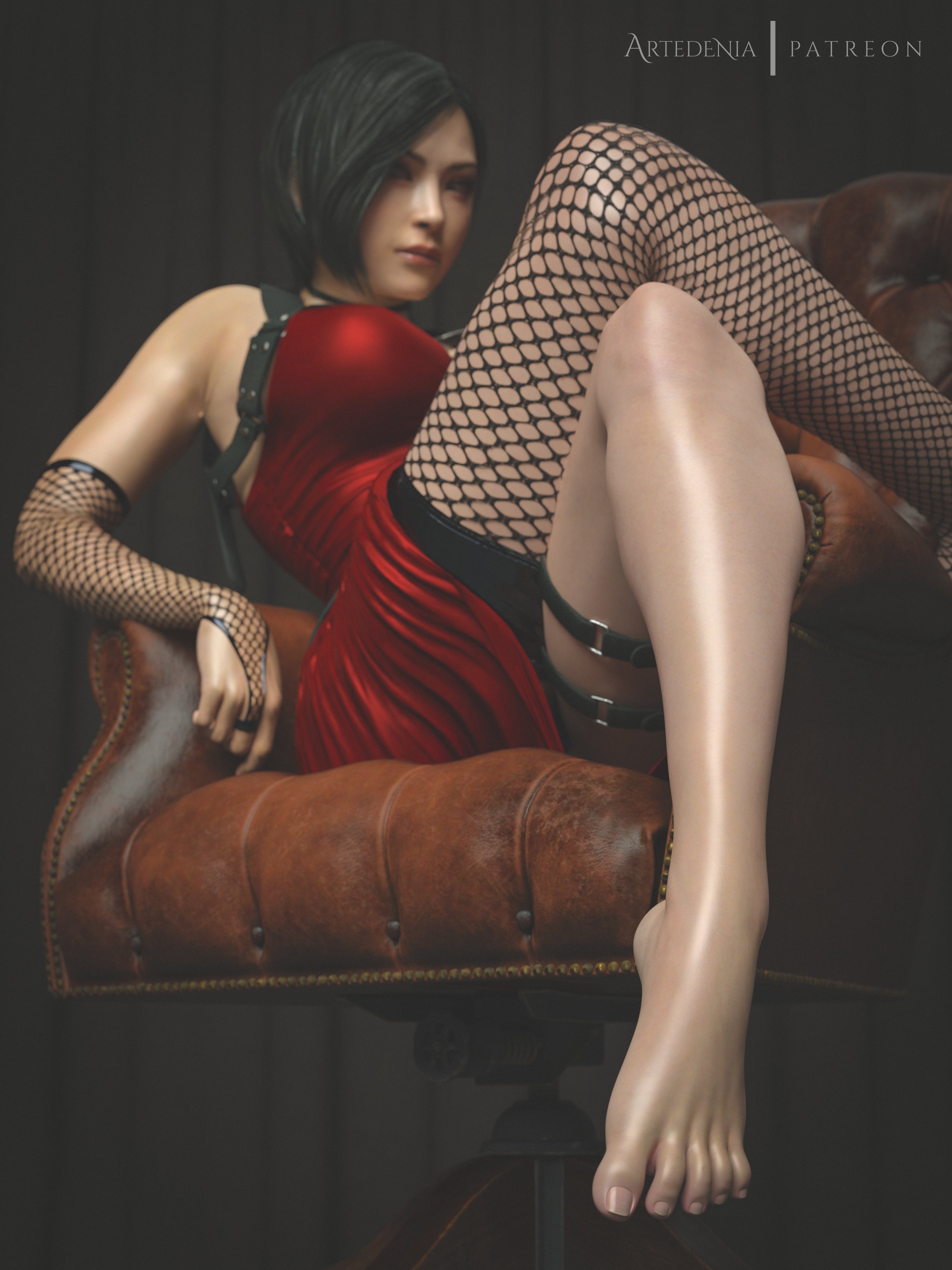 3d, ada wong, artedenia, artedenian, asian, asian female, bangs, barefoot, black eyes, black hair, blender, choker, feet, feet focus, fishnets, legs up, looking at viewer, mature female, medium hair, nsfw, removed clothing, resident evil, resident evil 2, resident evil 2 remake, resident evil 4, resident evil 4 remake, skirt, sleeveless, sleeveless dress, sleeveless shirt, socks and shoes, sofa, soles, stockings, tagme, teasing, teasing viewer, toes