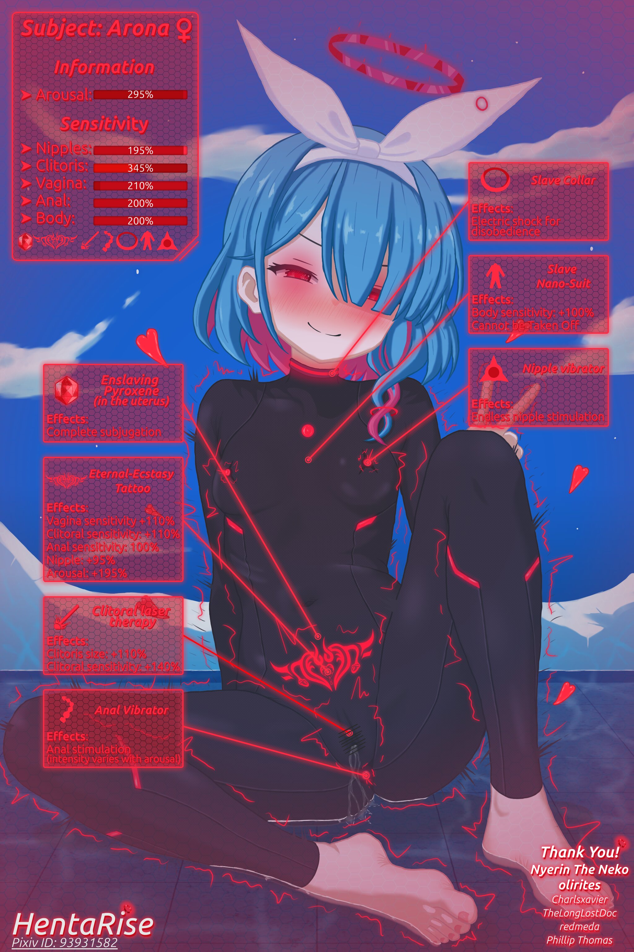1girls, arona (blue archive), barefoot, blue archive, blue hair, blush, bodysuit, clitoris, clothing, control collar, controlled, female, glowing eyes, halo, hentarise, navel, nipple vibrator, pink eyes, pubic tattoo, public tattoo, pussy, pussy juice, sci-fi, short hair, sitting, slave, slave collar, slave outfit, small breasts, smug, spread legs, tattoo, tech control, vibrator, vibrator in ass, vibrator under clothes, water, watermark, womb tattoo