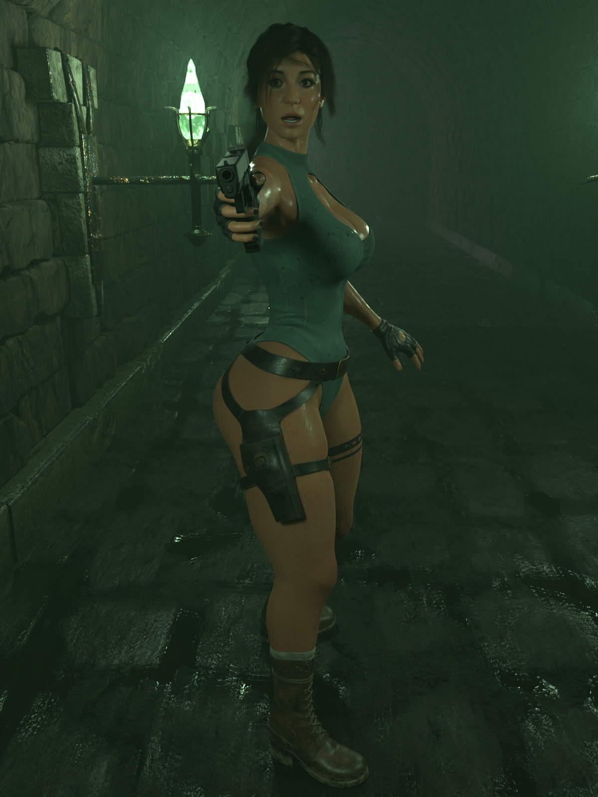 3d, belt, blender, breasts, brown hair, dungeon, female, fighting, firearm, footwear, green eyes, gun, handgun, handwear, huge breasts, human, lara croft, lara croft (survivor), large breasts, legwear, long hair, ponytail, sicipo6908, solo, solo female, tattoo, thick thighs, thighs, tomb raider, tomb raider (survivor), weapon, wide hips