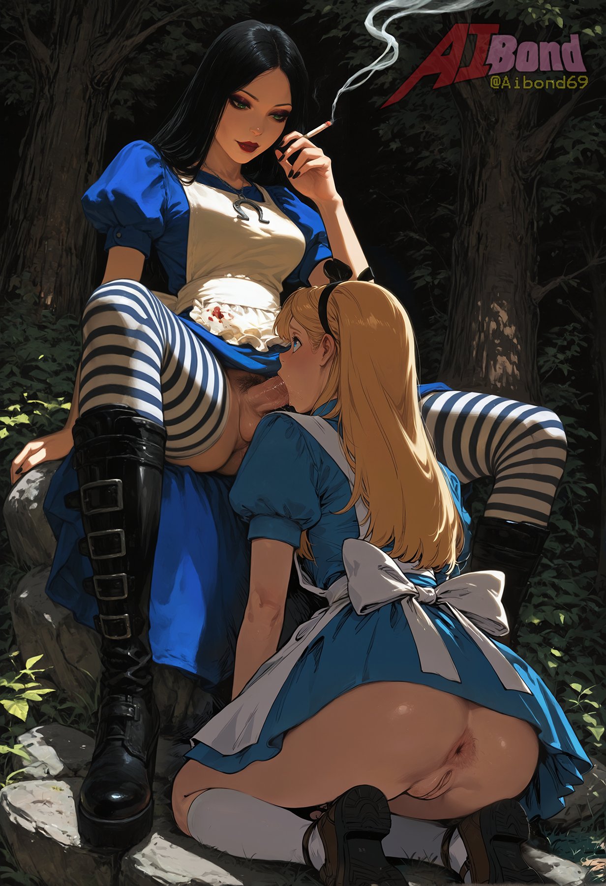 1futa, 1girls, ai, ai generated, aibond, alice (disney), alice (madness returns), alice in wonderland, alice in wonderland (1951 film), alice liddell, alice madness returns, american mcgee's alice, anus, ass, black hair, blonde hair, blowjob, bubble butt, cigarette, crossover, disney, dress, fellatio, female, futanari, going commando, goth, goth girl, long hair, no panties, penis, pussy, smoking, tagme, upskirt, vagina