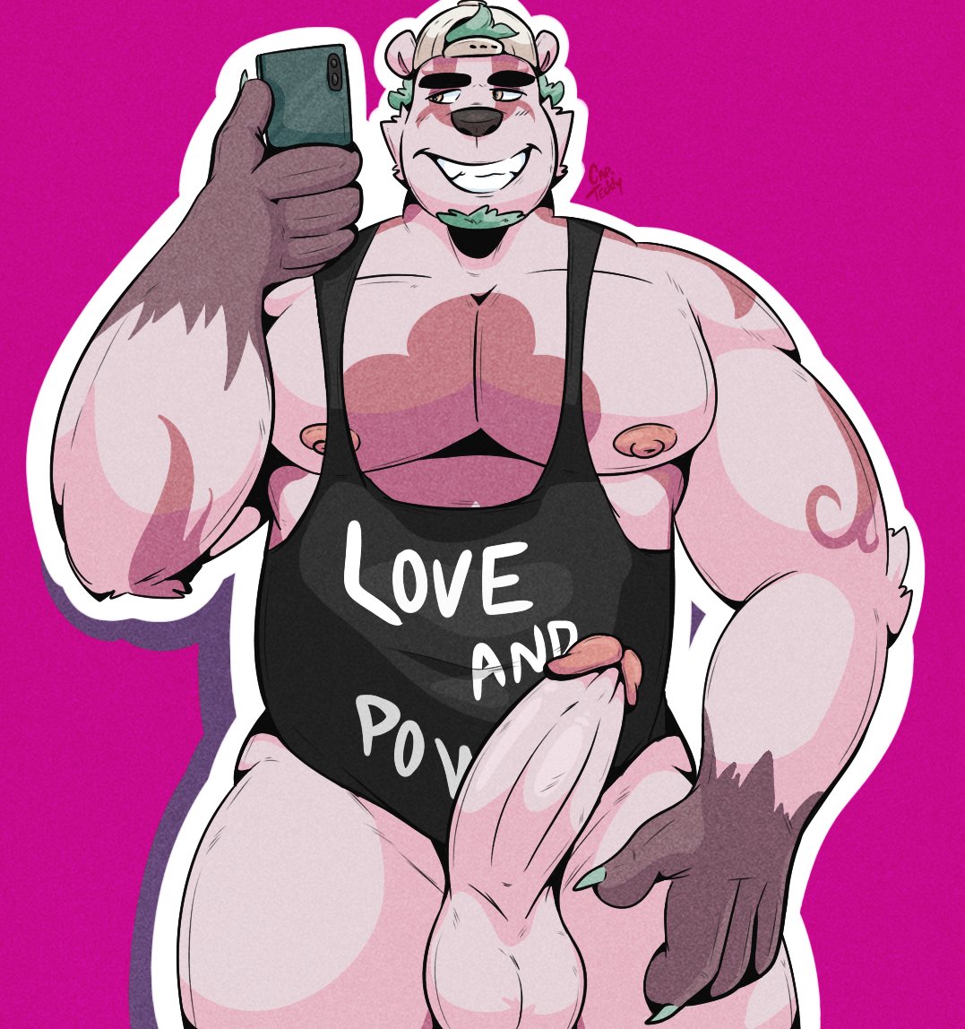 anthro backwards_hat balls beard bottomless erection green_hair himbo holding_object holding_phone pecs penis pink_background selfie tank_top thecaptainteddy