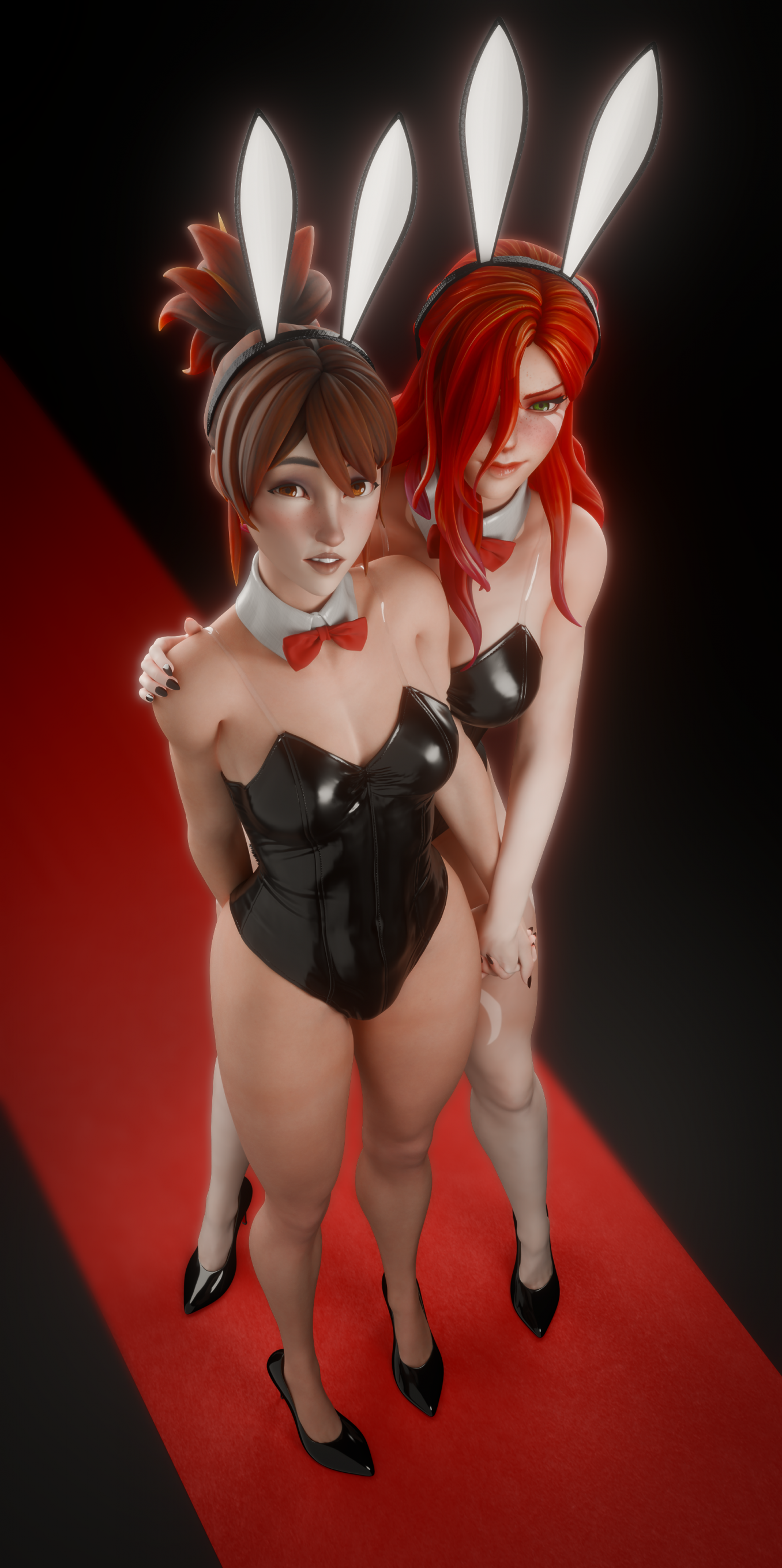 2girls, 3d, amber eyes, black high heels, black nail polish, black nails, breasts, brown hair, bunny costume, bunny ears, bunnysuit, calit00oo, confused look, curvaceous, curvaceous female, dota 2, female, green eyes, hair covering eye, hand behind back, high heels, highres, holding hands, holding shoulder, human, latex clothing, latex leotard, looking at viewer, looking up, marci (dota), not furry, pale skin, pale-skinned female, playboy bunny, red bowtie, red carpet, red hair, sharp fingernails, smiling at viewer, smirk, smirking at viewer, standing, tagme, tied hair, unsure, white collar, windranger