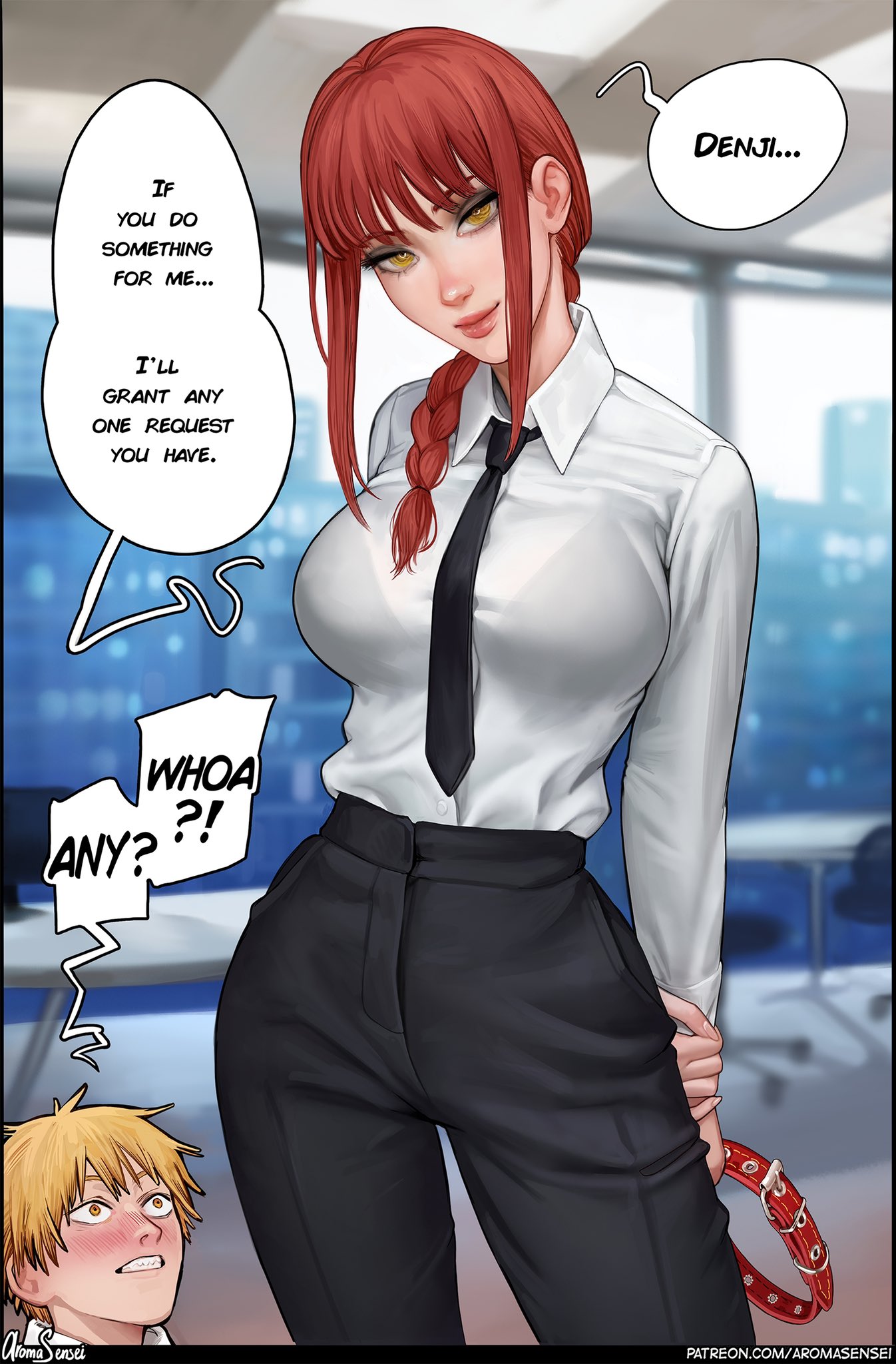 aroma sensei, bra, business woman, chainsaw man, clothed, clothing, denji (chainsaw man), dog collar, female, makima (chainsaw man), necktie, red hair, speech bubble, suit, white shirt, yellow eyes