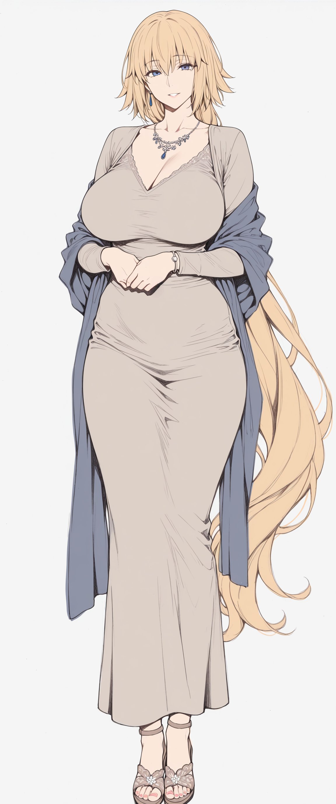 1girls, aged up, ai assisted, ai generated, bangs, blonde female, blonde hair, blonde hair female, blonde-haired female, blue eyes, bob cut, earrings, fate/grand order, fgo, high heels, hourglass figure, hourglass figured female, jeanne d'arc (fate), jeanne d'arc (fate) (all), large ass, large breasts, light skin, light-skinned female, long hair, motherly figure, necklace, painted fingernails, painted nails, painted toenails, pink hair, reiranai, slim waist, solo, solo female, tagme, thick thighs, white background, wide hips