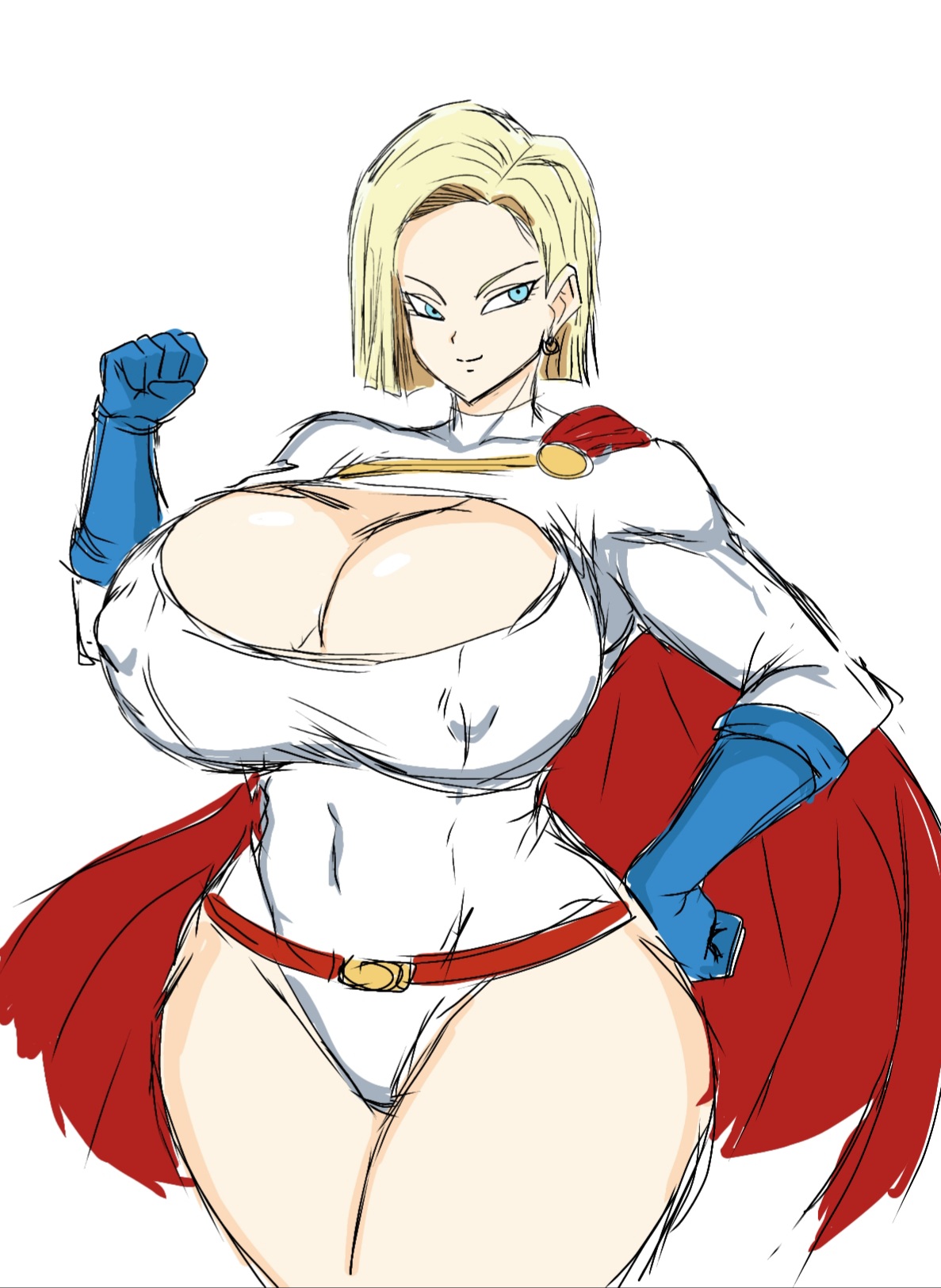 1girls, 2022, android 18, big breasts, blonde hair, blue eyes, breasts, cleavage, cosplay, dc, dc comics, dragon ball, dragon ball z, female, high resolution, highres, huge breasts, large breasts, milf, momiji (artist), mother, nipple bulge, nipples, pale skin, power girl, power girl (cosplay), revealing clothes, robot, robot girl, shounen jump, sketch, smile, solo, solo female, superman (series), thick, thick thighs, tight clothing, very high resolution, voluptuous, wide hips