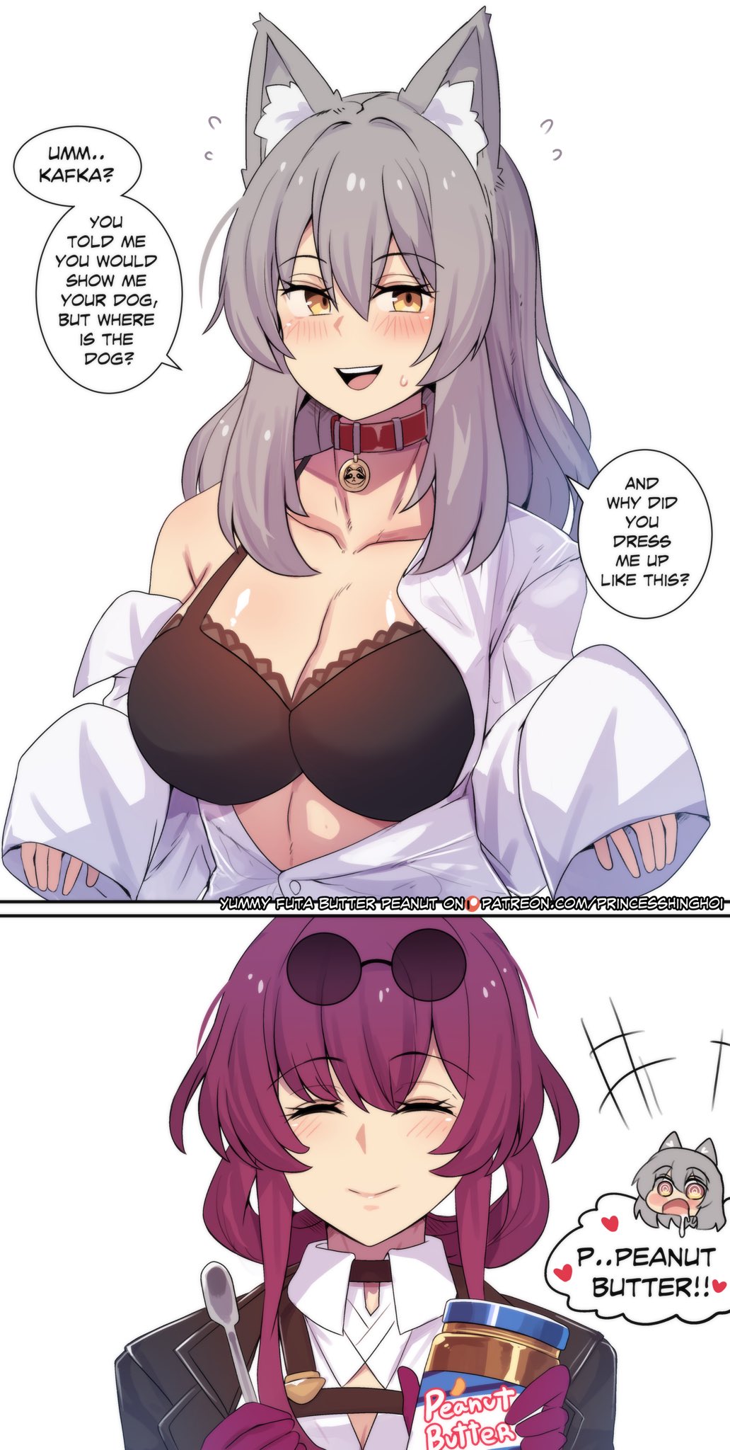 :d, 2girls, 2koma, absurdres, animal ear fluff, animal ears, black bra, black jacket, blush, bra, breasts, choker, cleavage, closed eyes, comic, commentary, dog ears, english commentary, english text, eyewear on head, facing viewer, grey hair, heart, highres, hinghoi, holding, holding jar, holding spoon, honkai (series), honkai: star rail, jacket, jar, kafka (honkai: star rail), kemonomimi mode, lesbian focus, long hair, long sleeves, looking at viewer, multiple girls, off shoulder, open mouth, peanut butter, petplay, purple hair, red choker, shirt, simple background, single bare shoulder, smile, speech bubble, spoon, stelle (honkai: star rail), sunglasses, trailblazer (honkai: star rail), underwear, white background, white shirt, yellow eyes, yuri