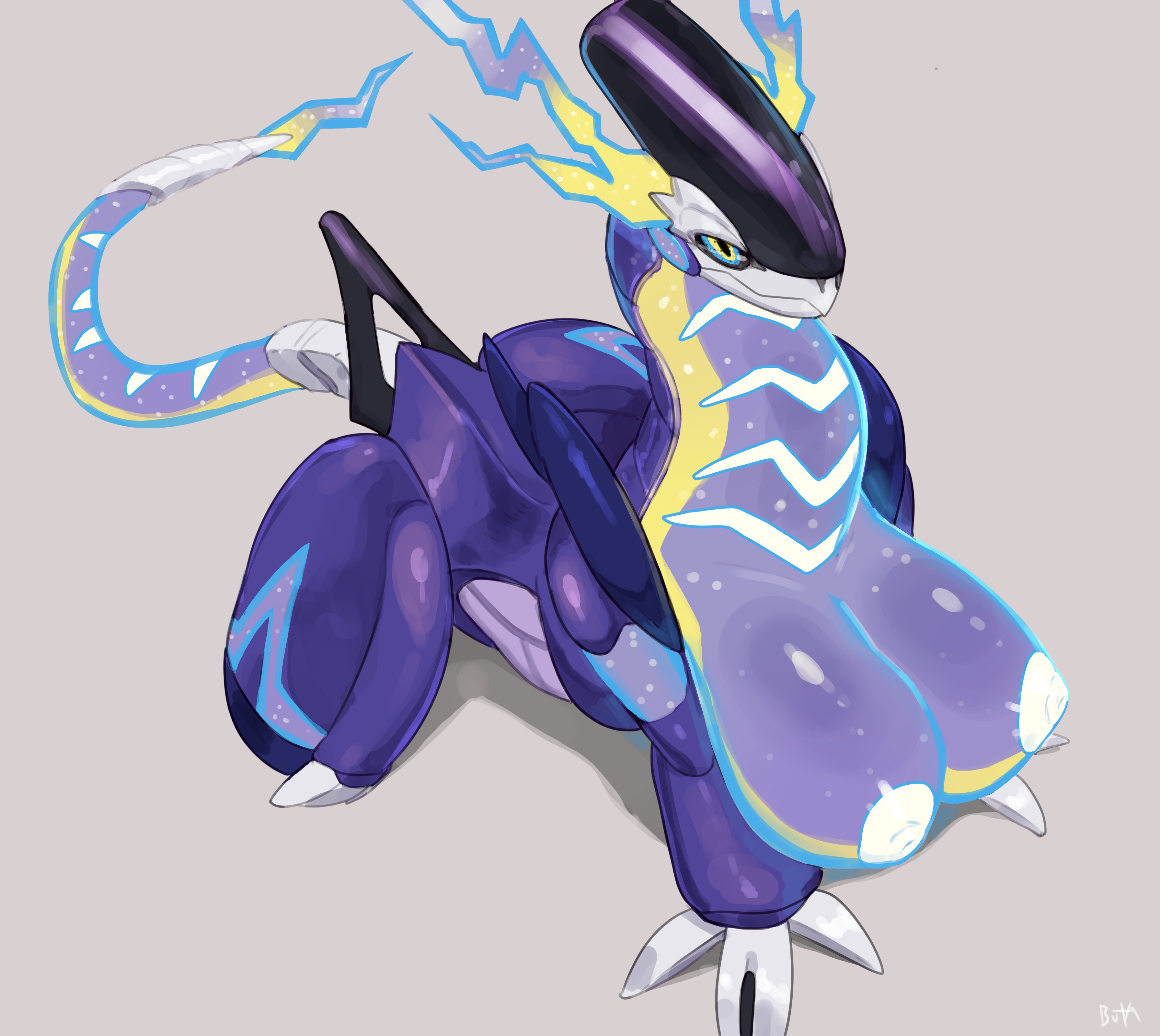 1girls, all fours, areolae, breasts, buta99, female, female only, female pokemon, grey background, looking at viewer, miraidon, nintendo, nipples, pokémon (species), pokemon, pokemon (species), pokemon sv, solo, solo female, very high resolution