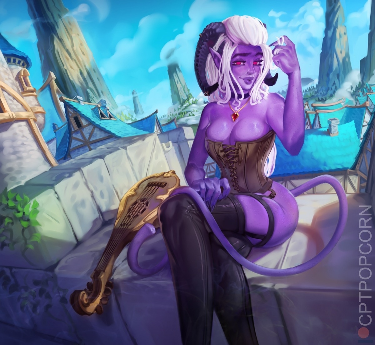 calliope eolande, calliope eolande (vtuber), corset, cptpopcorn, curved horn, curved horns, dungeons and dragons, fantasy, female, horned humanoid, humanoid, long hair, looking at viewer, magenta eyes, musical instrument, necklace, patreon, pointy ears, purple body, purple skin, sky, solo, solo female, tail, tiefling, white hair