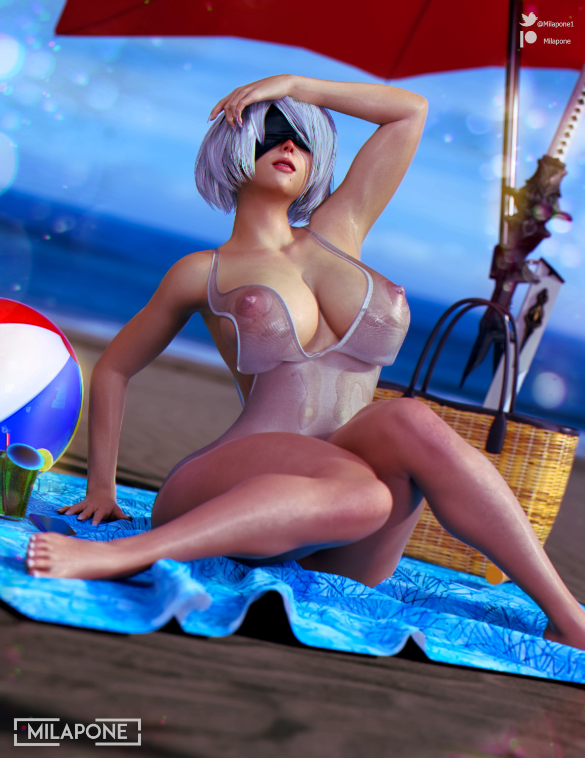 3d, areolae, beach, beach ball, beach towel, beach umbrella, big breasts, blindfold, breasts, female, milapone, nier: automata, nipples, one piece swimsuit, patreon username, see-through clothing, swimsuit, thick thighs, twitter username, white hair, yorha 2b