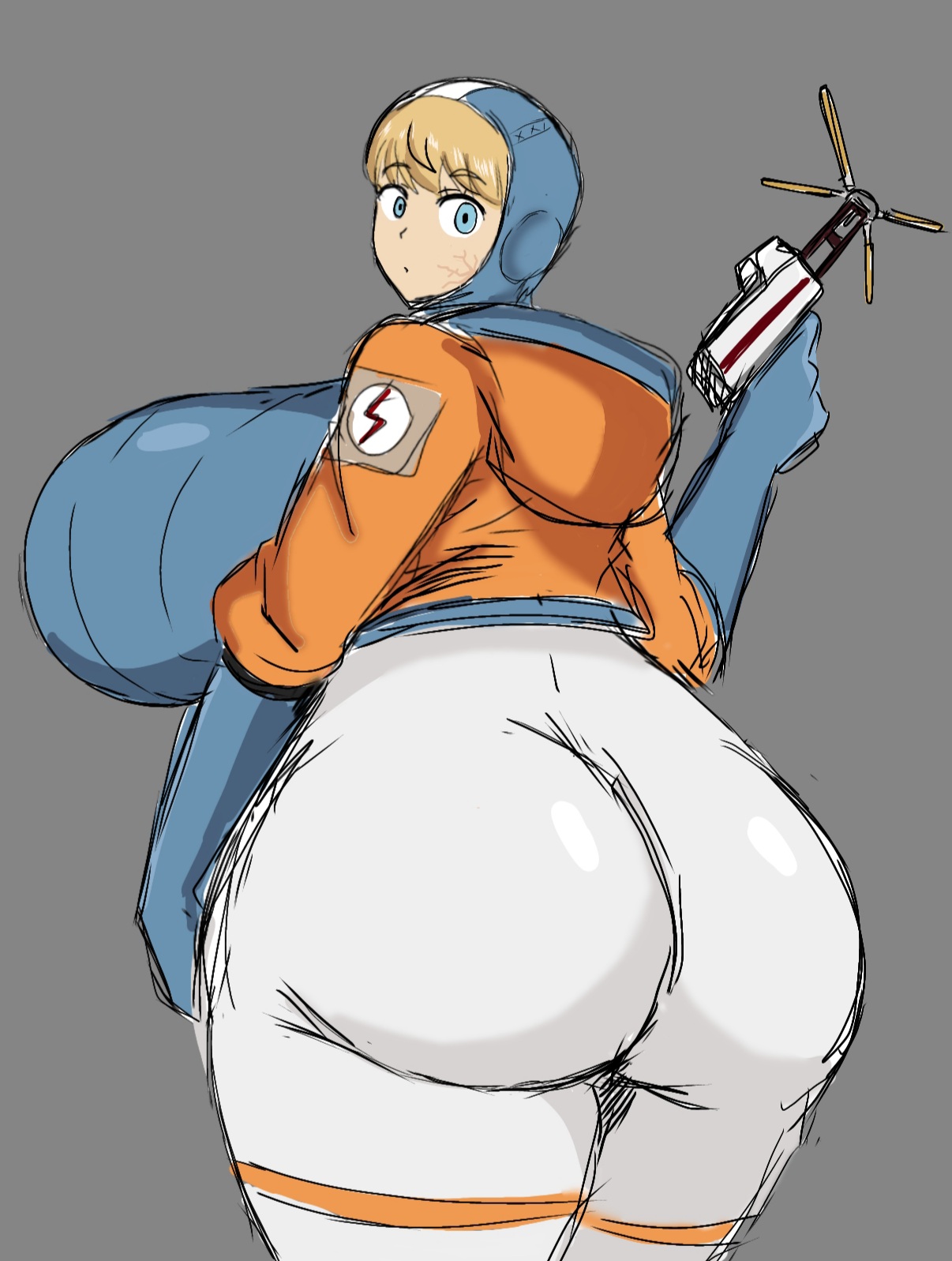 apex legends, ass, big ass, big breasts, blonde hair, blue eyes, breasts, child bearing hips, female, huge ass, huge breasts, large ass, large breasts, lichtenberg figure, light skin, light-skinned female, looking at viewer, looking back, momiji (artist), pale skin, pale-skinned female, scar, sideboob, venus body, voluptuous, wattson (apex legends), wide hips
