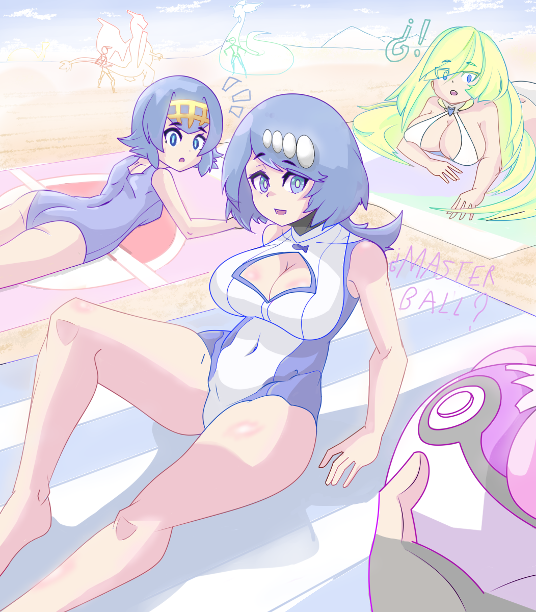 3girls beach big_breasts blonde_hair blue_eyes blue_hair breasts charizard dragonair female female_focus gigantic_breasts green_eyes hair_ornament kemono_killer lana's_mother_(pokemon) lana_(pokemon) lusamine_(pokemon) milf multiple_girls nintendo pokemon pokemon_(species) pokemon_sm swimsuit tied_hair