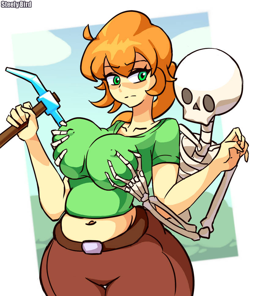 1girls, alex (minecraft), breast grab, breasts, female, fully clothed, grabbing from behind, green eyes, groping, groping breasts, groping from behind, minecraft, monster, red hair, skeleton, steely bird