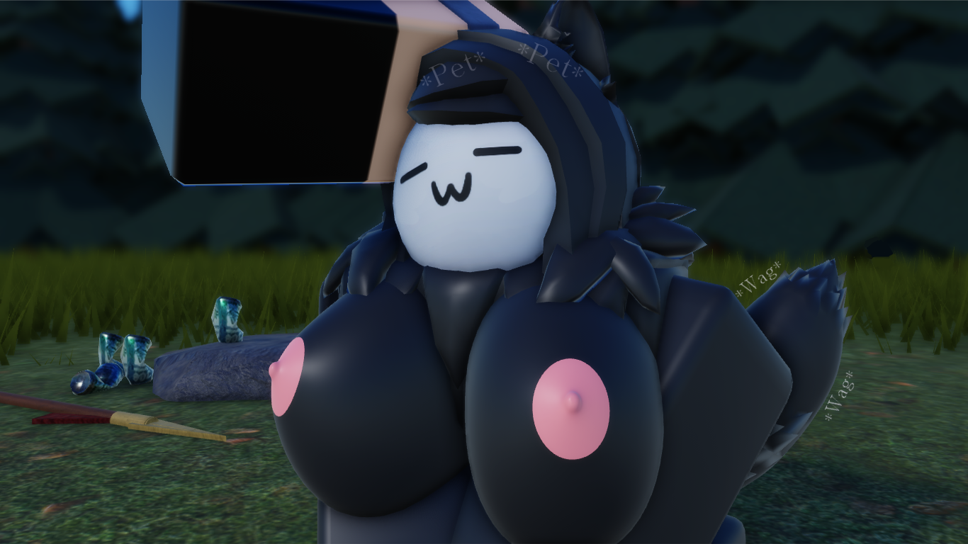 -w-, 3d, big breasts, big nipples, breasts, dark hair, dark skin, female, forest, furman, furman (nonalterna), furry, headpat, homo animalis, long hair, looking pleasured, loving it, neck tuft, nonalterna, on knees, petting, roblox, robloxian, self upload, tagme, tailwag, wagging tail