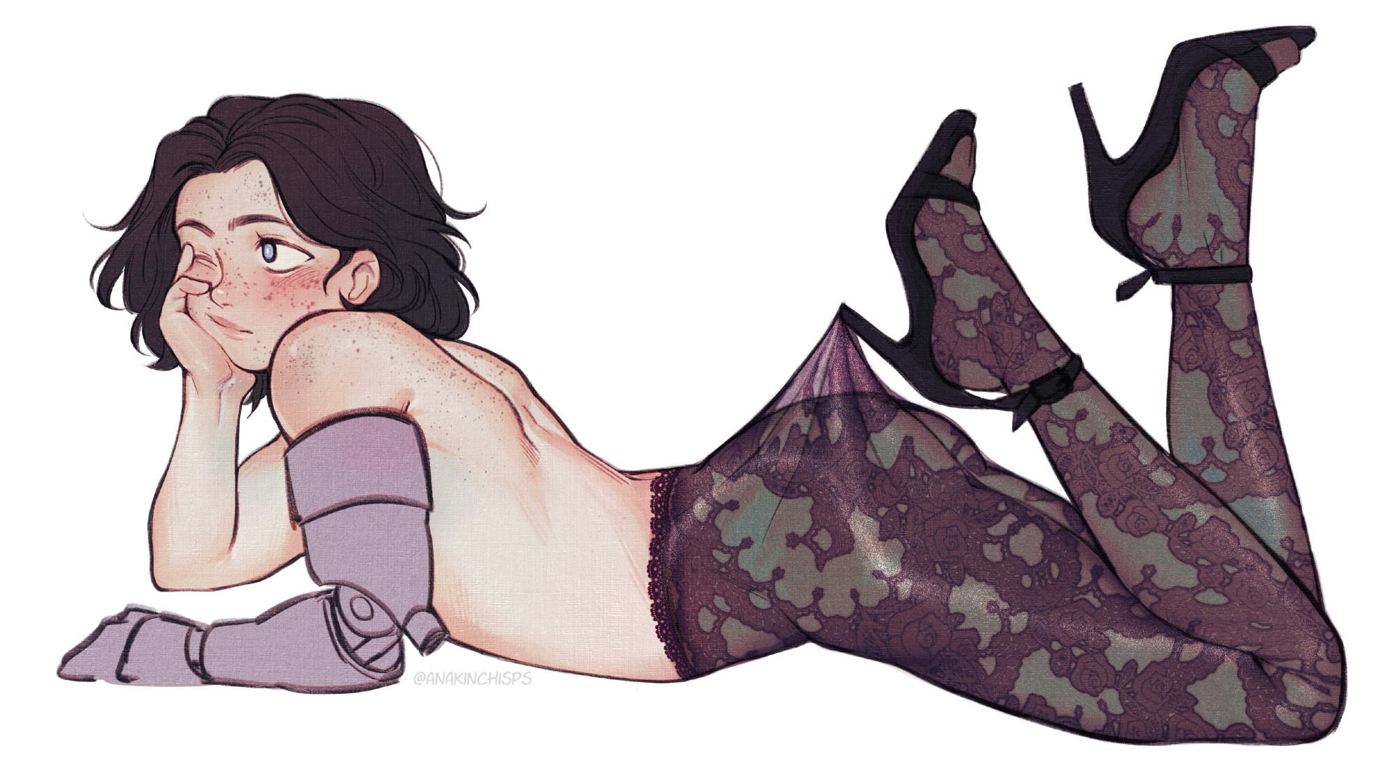 1boy, ass, chisps, femboy, gay, gay male, lace pantyhose hooked on heel (meme), lies of p, lingerie, lying down, male only, pinocchio (lies of p), prosthetic arm, stockings, yaoi