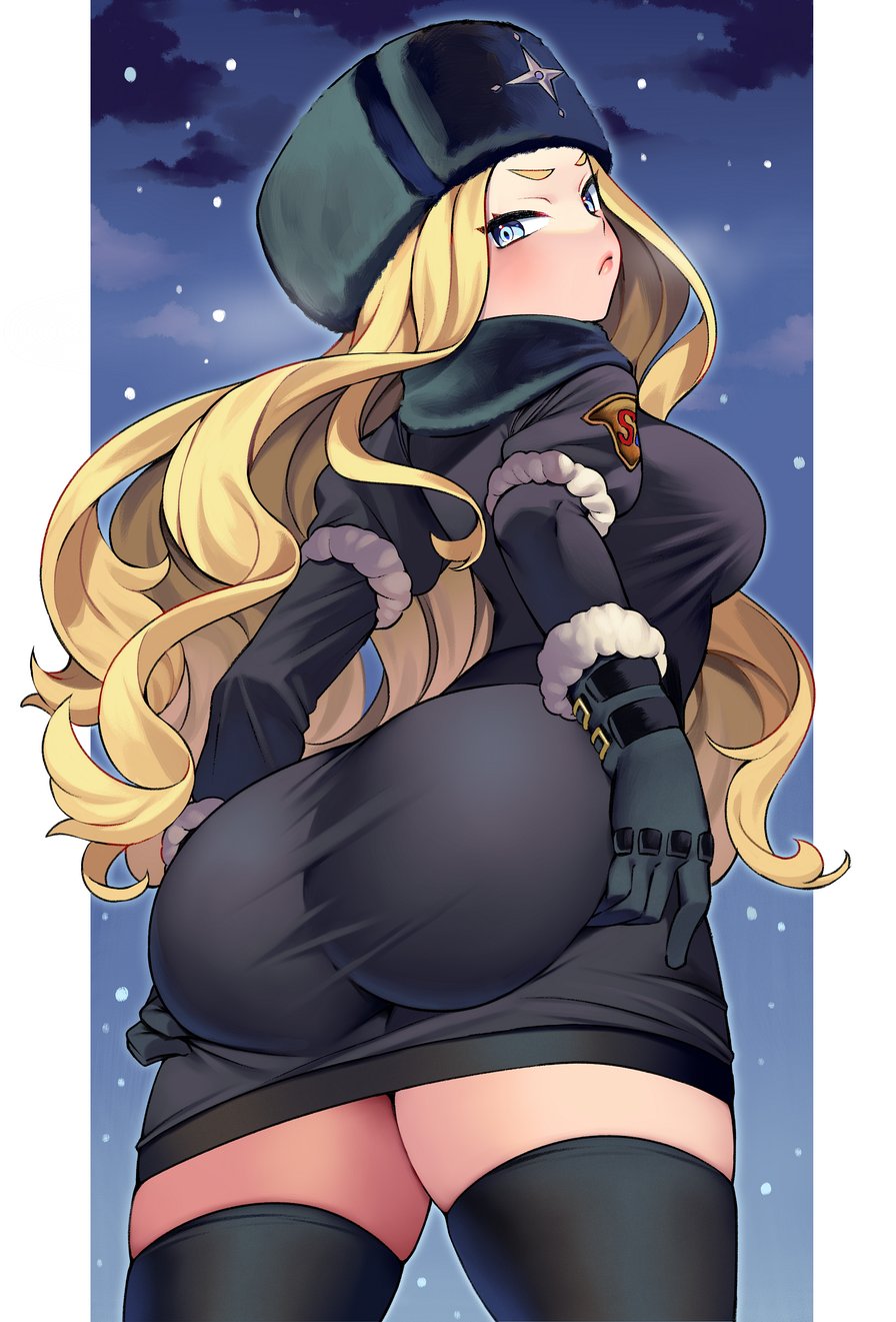 1girls, ass, ass focus, ass grab, ass in dress, ass support, big ass, big breasts, black thighhighs, blonde hair, blue eyes, breasts, bubble ass, bubble butt, capcom, female, female only, grabbing own ass, hands on ass, huge ass, kolin (street fighter), large ass, light skin, light-skinned female, lips, long hair, looking at viewer, looking back, mature, mature female, pnpnonk04, solo, solo female, street fighter, thick thighs, thighhighs, thighs, ushanka