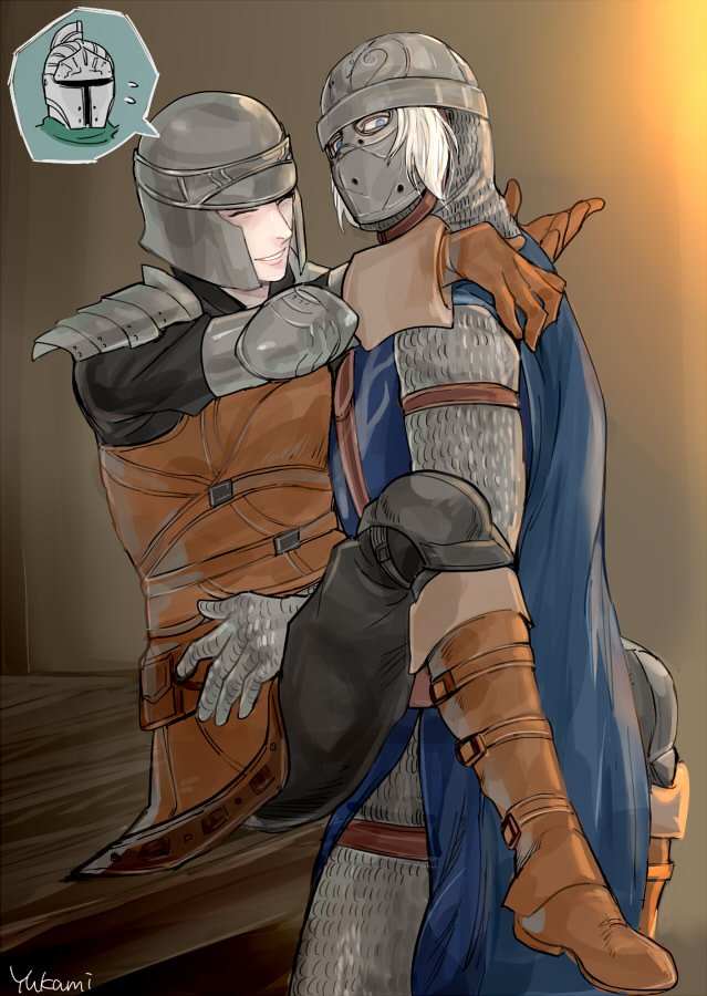 2boys armor bearer_of_the_curse caught caught_in_the_act clothed clothed_sex coif cowl creighton_of_mirrah dark_souls dark_souls_2 fromsoftware gay helmet implied_anal implied_sex knight looking_at_viewer male male_only mask masked masked_male mild_mannered_pate offscreen_character pov table walked_in_on yaoi yukami