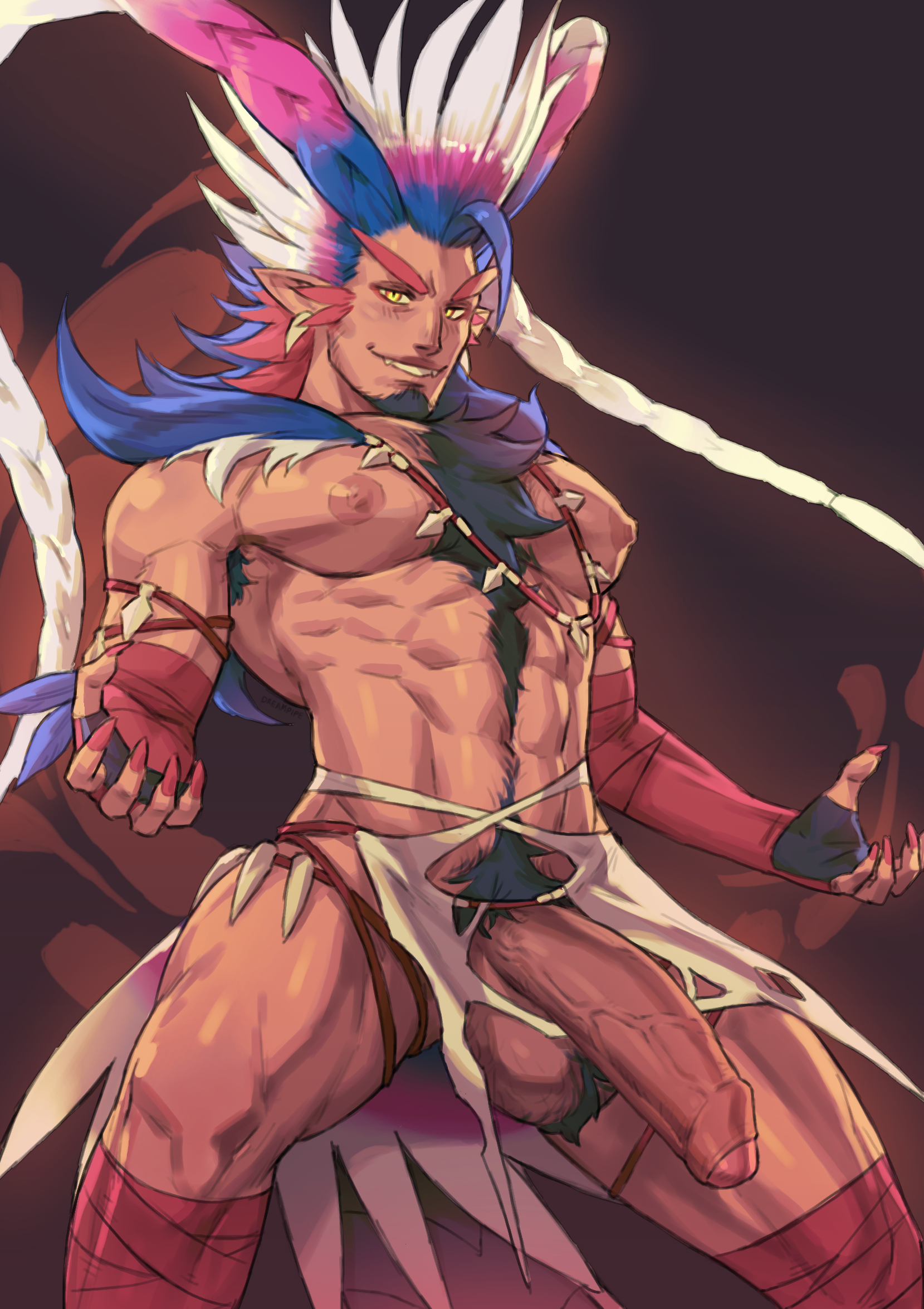 1boy, balls, big balls, big pecs, big penis, big testicles, boner, dreampipe, erection, game freak, gay, gijinka, koraidon, long penis, male, male only, muscles, muscular, nintendo, penis, pokemon, pokemon sv, solo, spread legs, testicles, thick penis, veiny penis