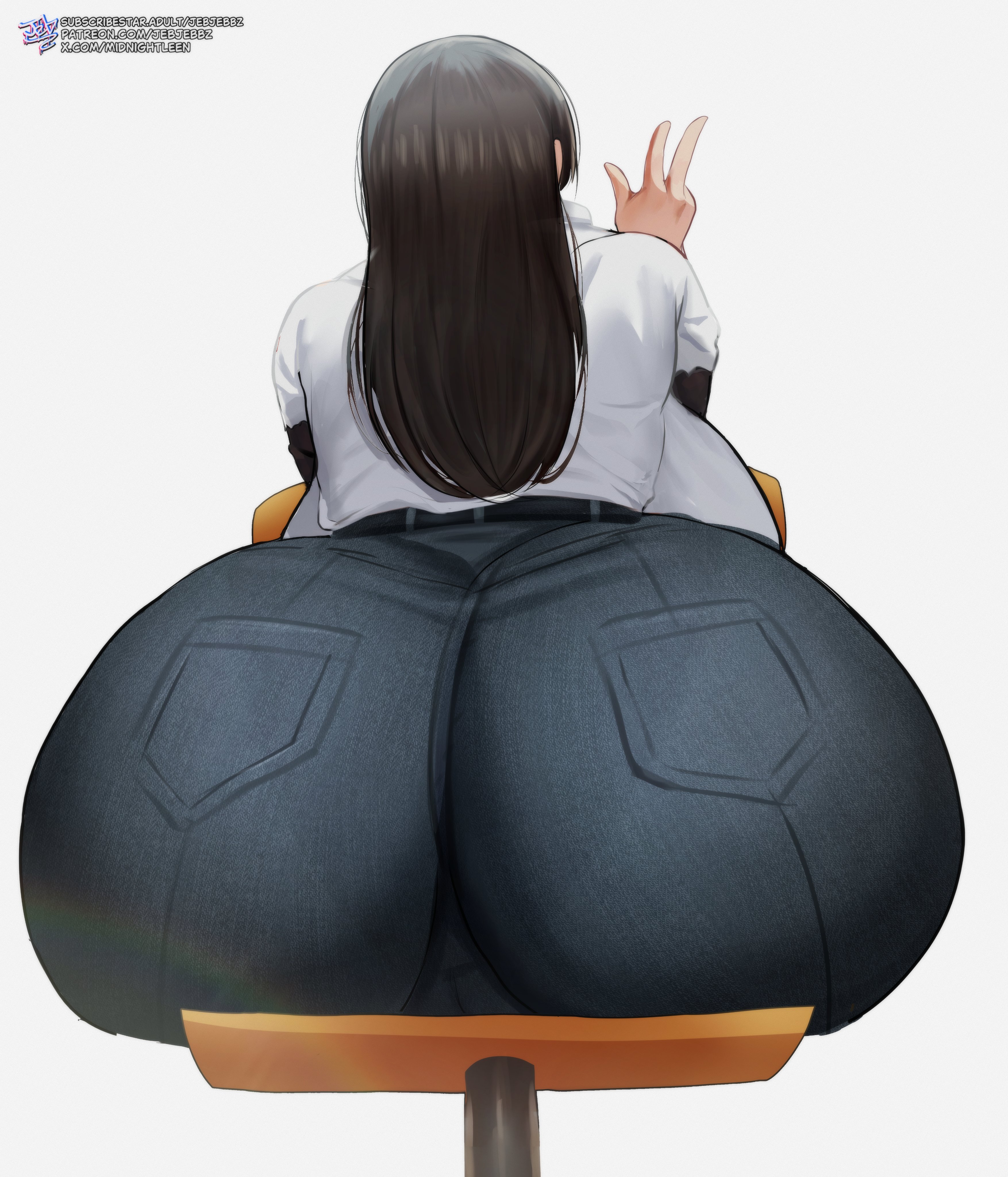 1girls, ass, ass bigger than head, ass focus, backboob, big ass, big breasts, black hair, bubble butt, cameltoe, chainsaw man, dat ass, dumptruck ass, fat ass, from behind, huge ass, huge breasts, jeans, jebjebbz, large ass, sitting, solo, thick ass, tight pants, v, watermark, white background, white shirt, yoru (chainsaw man)