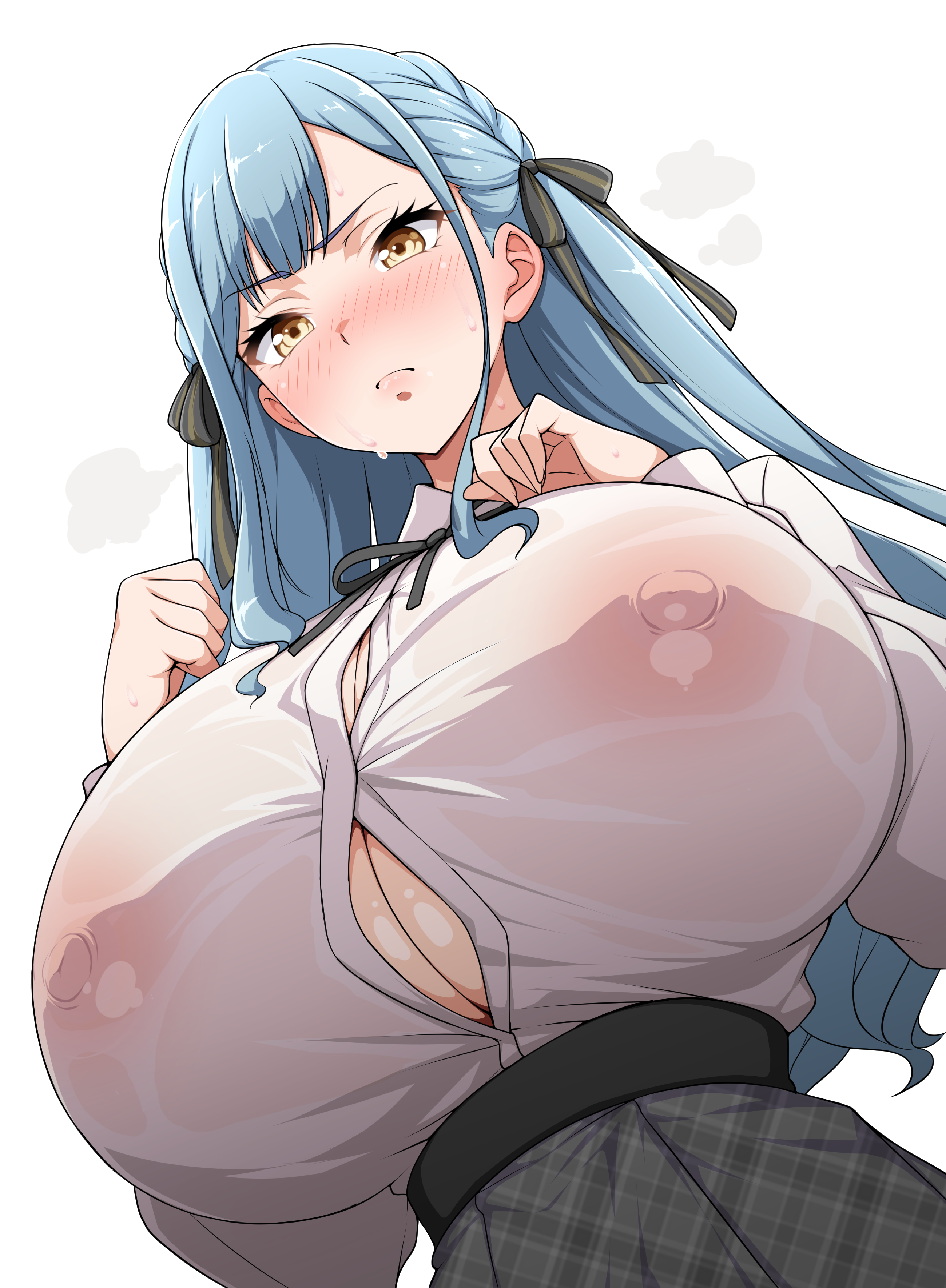 1girls, aqua hair, bang dream!, blush, braid, breasts, breasts bigger than head, busty, covered nipples, female, female only, hair ribbon, huge breasts, jabara tornado, light skin, light-skinned female, nipples visible through clothing, solo, sweat, tied hair, togawa sakiko, twintails, wet clothes, yellow eyes