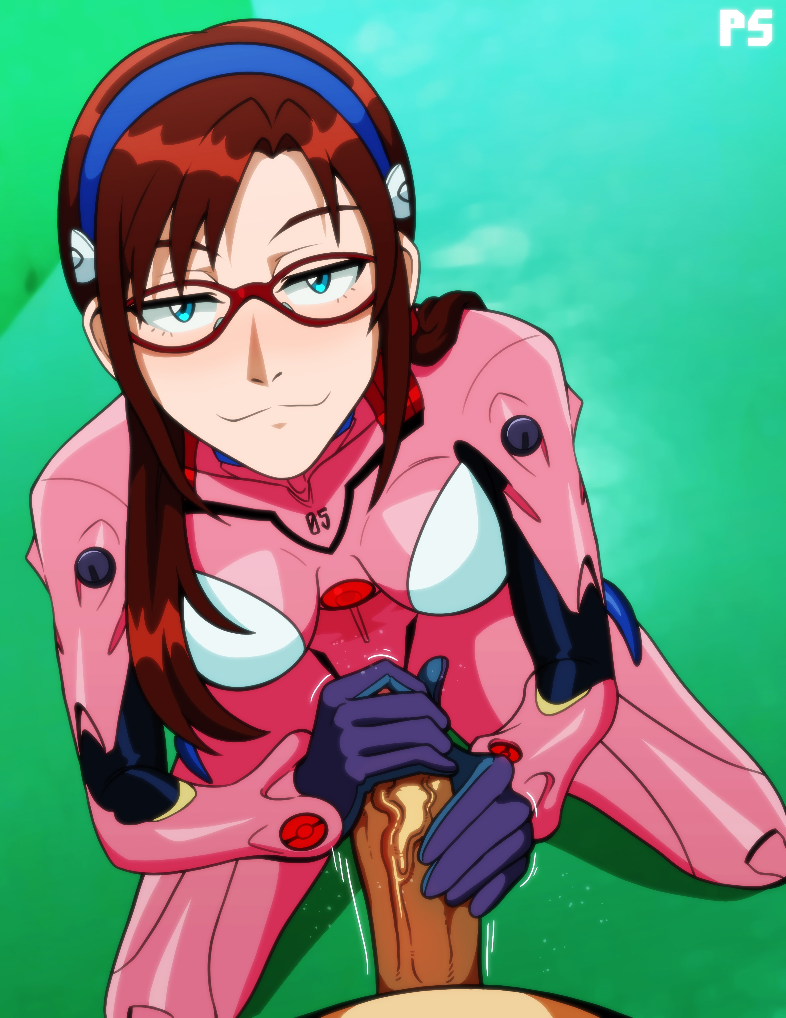 :3, 1boy, 1girls, blue eyes, bodysuit, breasts, brown hair, clothing, female, glasses, gloved handjob, gloves, hairband, hand on penis, handjob, handjob with gloves, holding penis, human, looking at viewer, male, male pov, mari illustrious makinami, medium breasts, neon genesis evangelion, penis, plugsuit, pov, pov male, pumpkinsinclair, rebuild of evangelion, sex, shinji ikari, skin tight, smirk, smirking, smirking at viewer, smug face, straight, touching penis, twintails