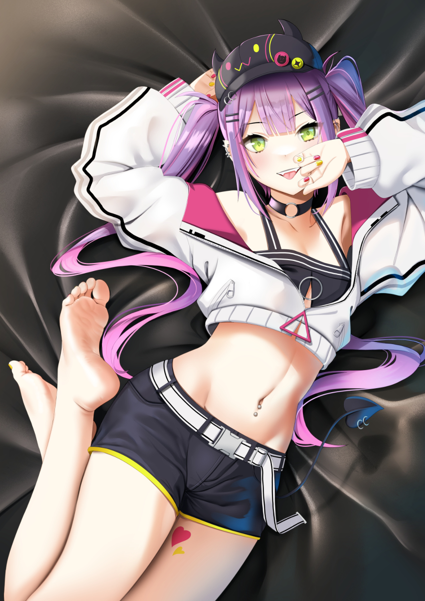 barefoot, casino (casinoep), holoforce, hololive, hololive japan, long hair, tokoyami towa, twintails, virtual youtuber