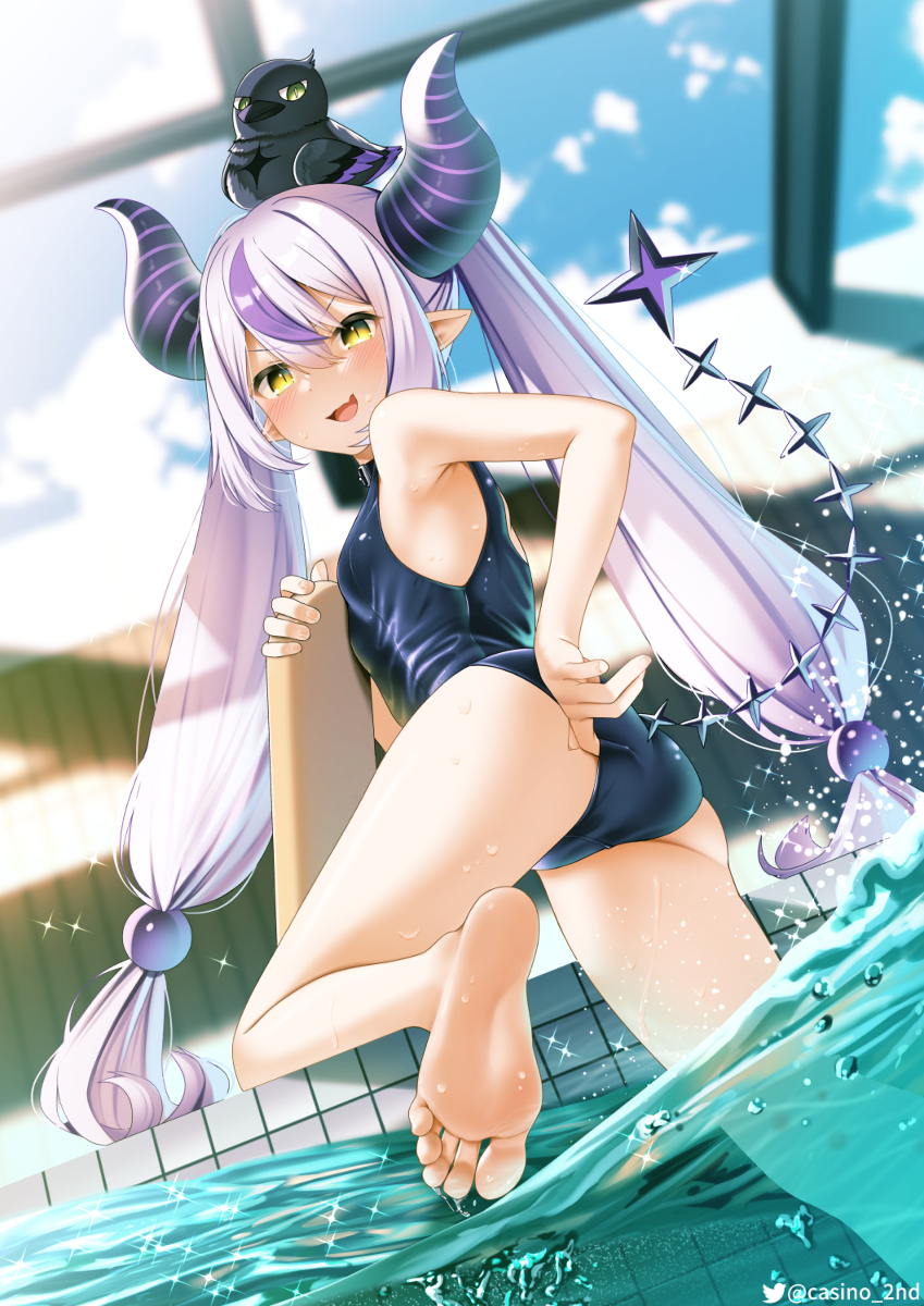 barefoot, casino (casinoep), hololive, hololive japan, holox, horn, la+ darknesss, long hair, pool, poolside, tail, twintails, virtual youtuber