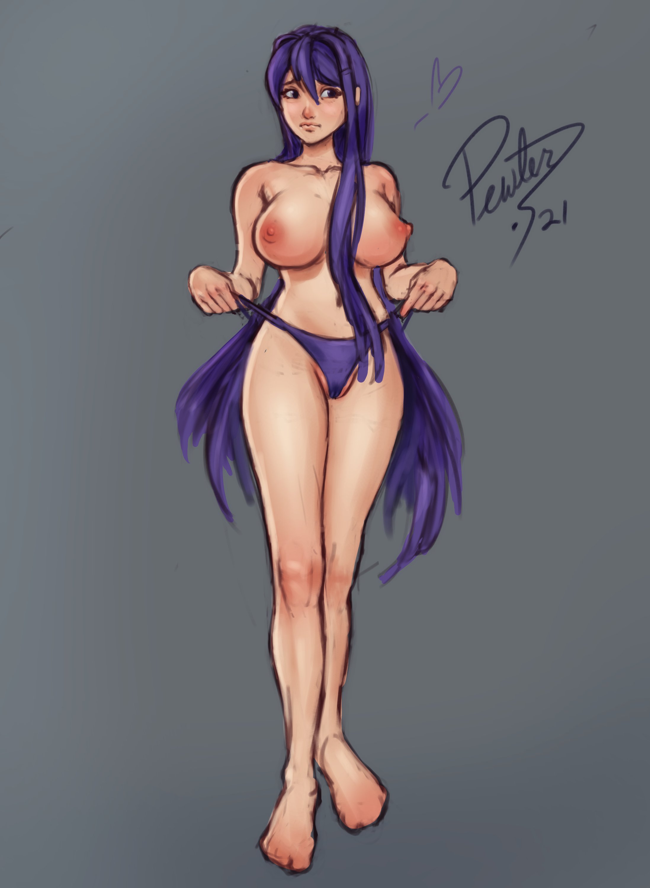 2021, big breasts, breasts, doki doki literature club, female, female only, heart, long hair, long-haired female, nipples, pewter-boi, purple eyes, purple hair, purple thong, thong, thong only, yuri (doki doki literature club)