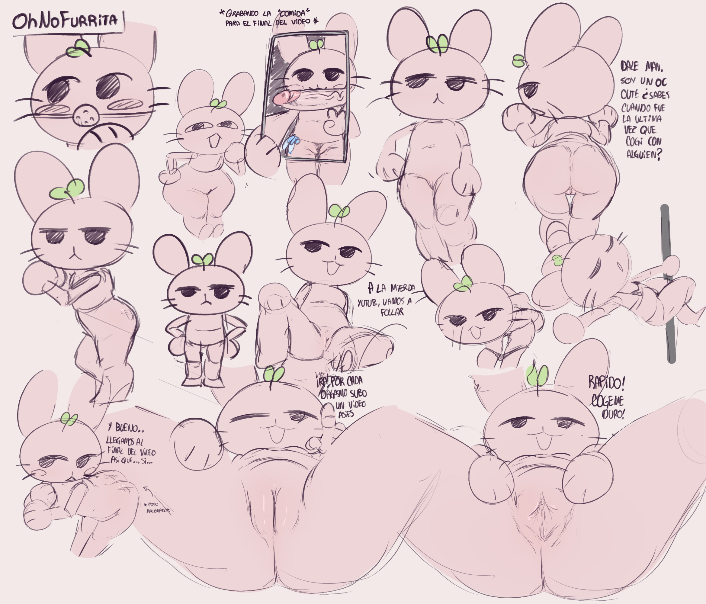 anthro, ass, dick, dot eyes, female, flat chest, furry, kemono, leporid, male, mammal, moppy (ohnomaria), ohnomaria, penis, pink fur, pink skin, pussy, rabbit, rabbit ears, selfie, sketch, spanish text, spread legs, superbinario, text, thick thighs, youtube hispanic, youtuber girl