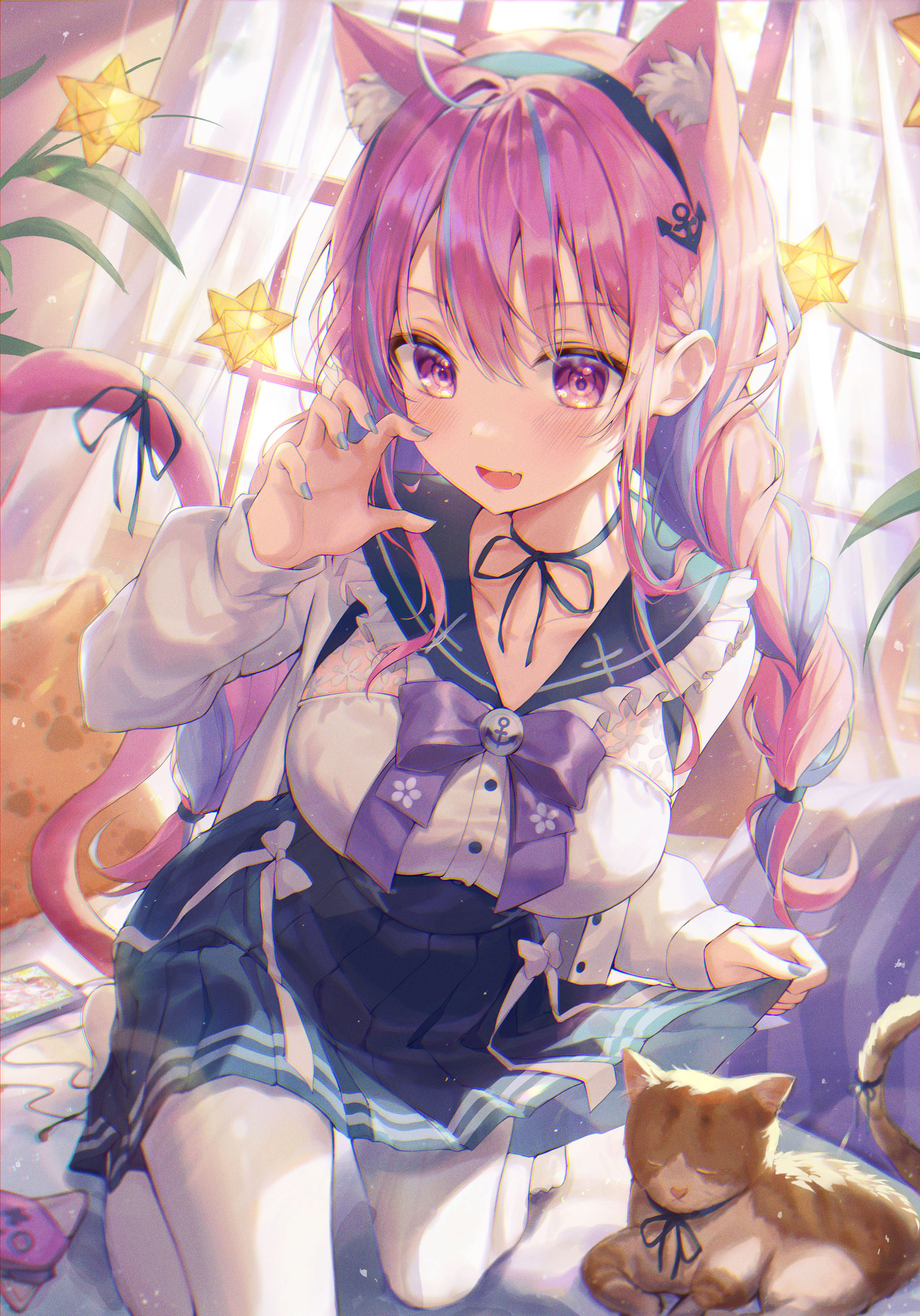 1girls, aibek, bangs, blush, bow, breasts, cat ears, cat girl, catgirl, choker, detailed background, feline, female, female focus, hi res, hololive, hololive gen 2, hololive japan, long hair, looking at viewer, minato aqua, nail polish, nekomimi, open mouth, pink eyes, pink hair, school uniform, skirt, smiling, thighhighs, virtual youtuber