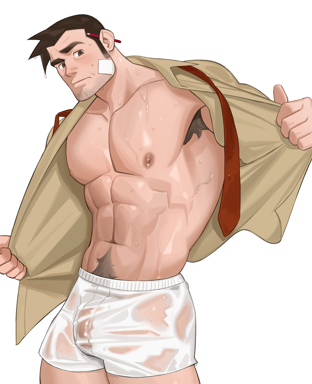 balls bandaid bandaid_on_face bara bulge capcom dick_gumshoe facial_hair frde gay gyakuten_saiban male male_only muscles muscular penis see-through_clothing solo solo_male sweaty underwear wet