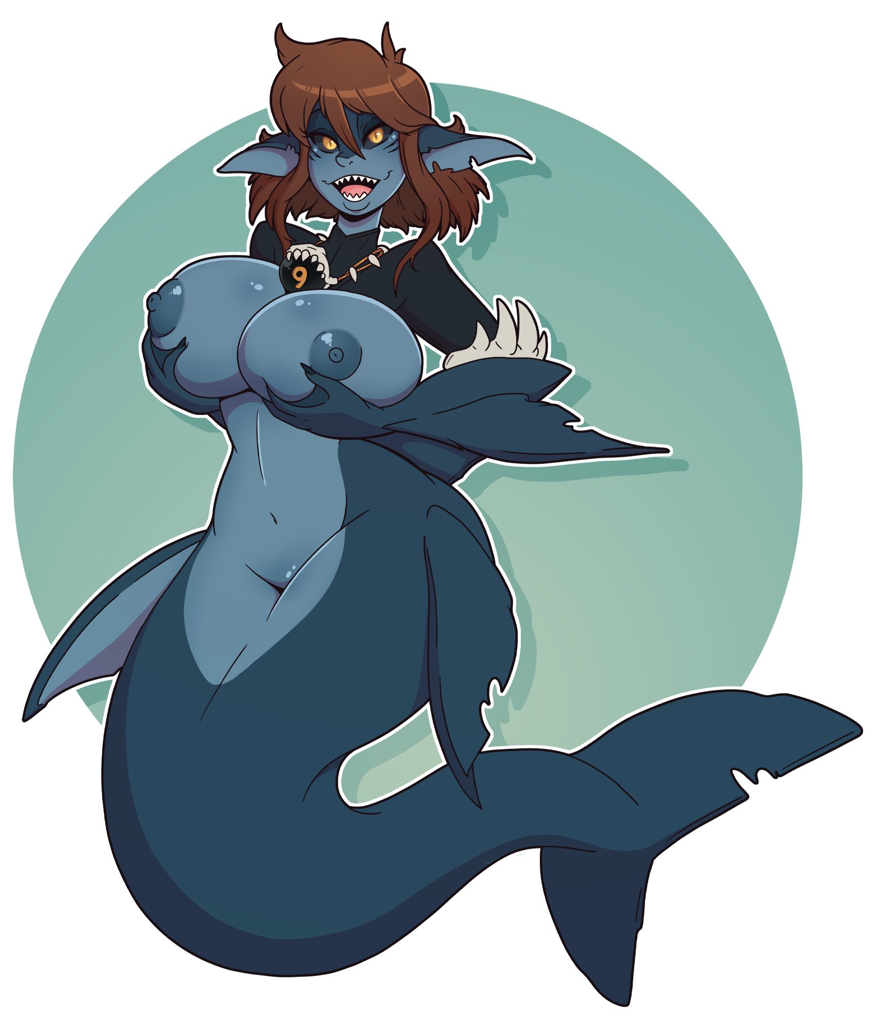 anthro, breasts, female, huge breasts, merfolk, mermaid, mershark, nipples, shark, shark fin, shark girl, shark humanoid, shark tail, shark teeth, sharp teeth, wrenzephyr2