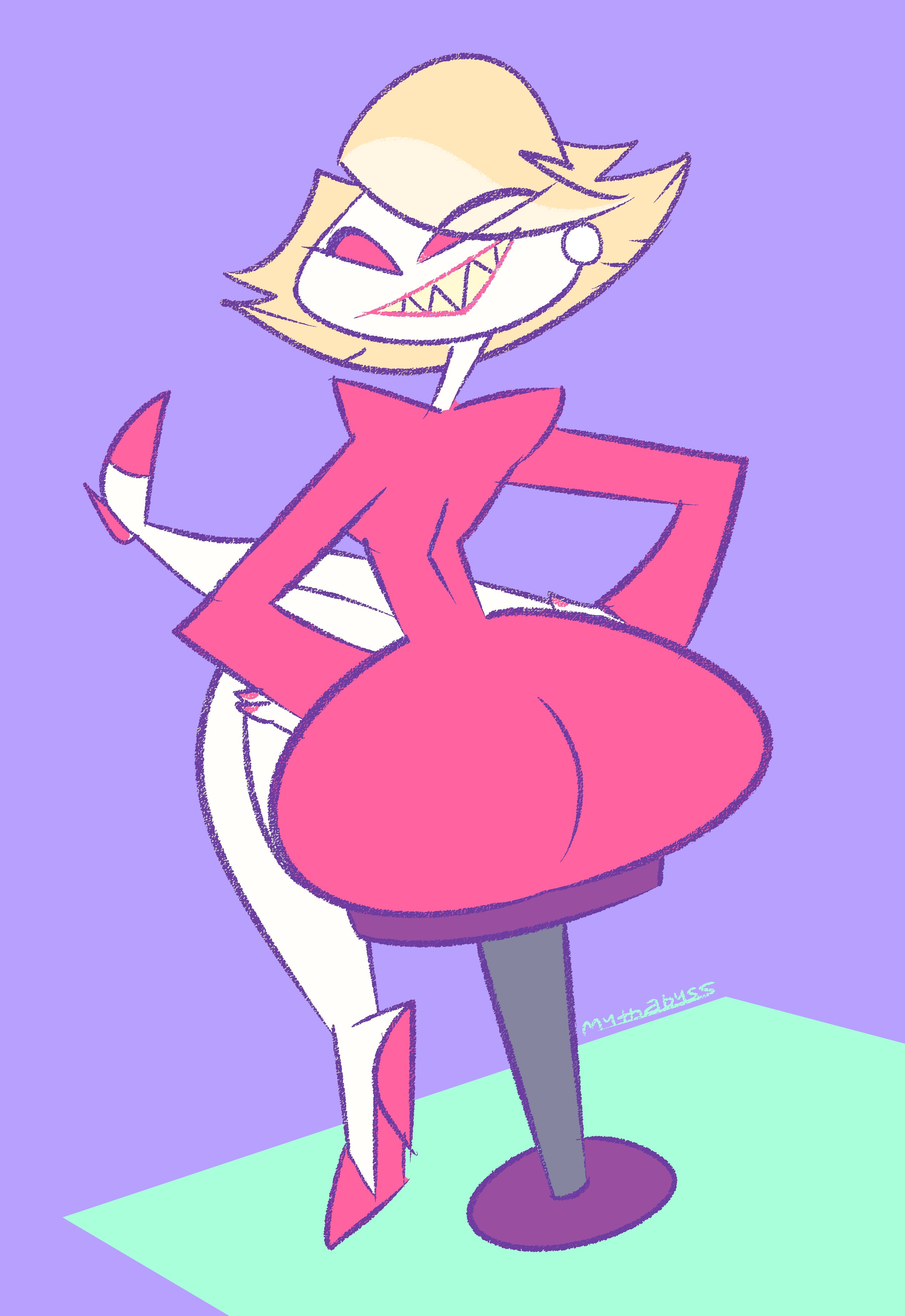 1girls, ass, ass in dress, big ass, blonde hair, bubble ass, bubble butt, clothing, ear piercing, earrings, female, female only, hazbin hotel, heels, katie killjoy, leg up, looking at viewer, looking back, mythabyss, pearl earrings, piercing, red eyes, shoes, sitting, smile, solo, stool, straight hair