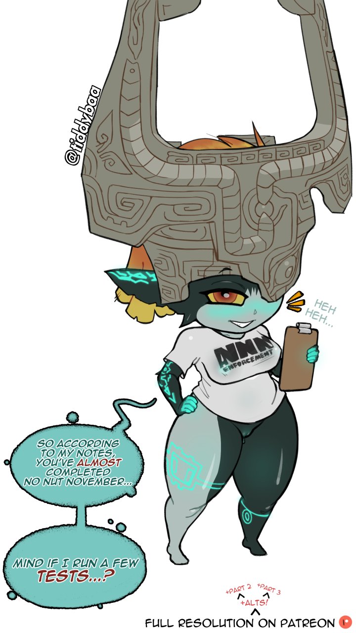 2021 anthro armor bottomless bottomless_female breasts clipboard clothed clothing dialogue english_text female genitals hand_on_hip headgear helmet hi_res humanoid humanoid_pointy_ears imp meme midna nintendo no_nut_november not_furry one_eye_obstructed pussy red_eyes shirt short_stack shortstack simple_background solo speech_bubble standing t-shirt talking_to_viewer tdtbaa text the_legend_of_zelda topwear twili twilight_princess video_games white_background yellow_sclera