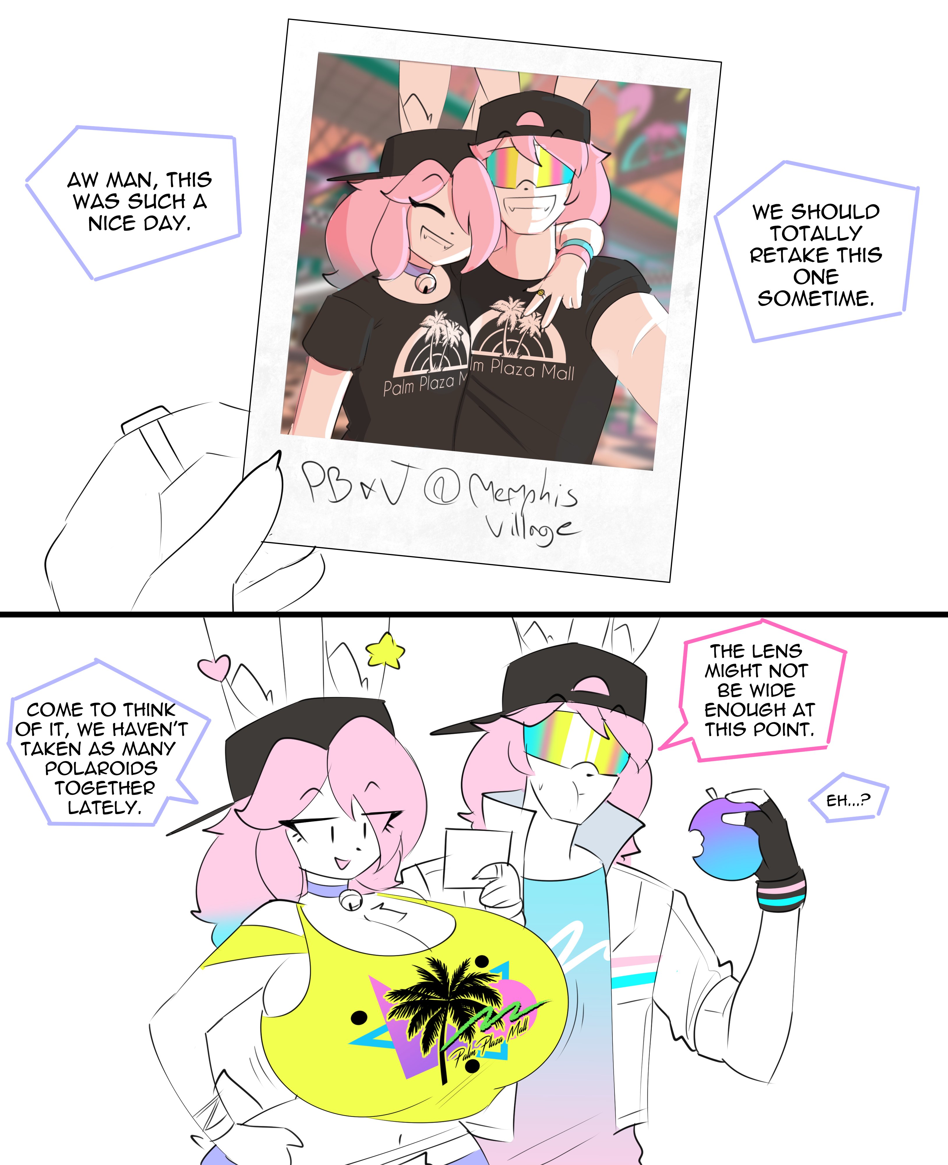 2boys, belly button, big breasts, breast implants, breasts, busty male, cap, choker, english text, eyebrows, eyebrows visible through hair, fake breasts, huge breasts, implants, jam (theycallhimcake), male, male with breasts, peanut butter (theycallhimcake), photo, pink hair, polaroid, rabbit ears, ring, silicone, tagme, theycallhimcake, white fur, wide hips