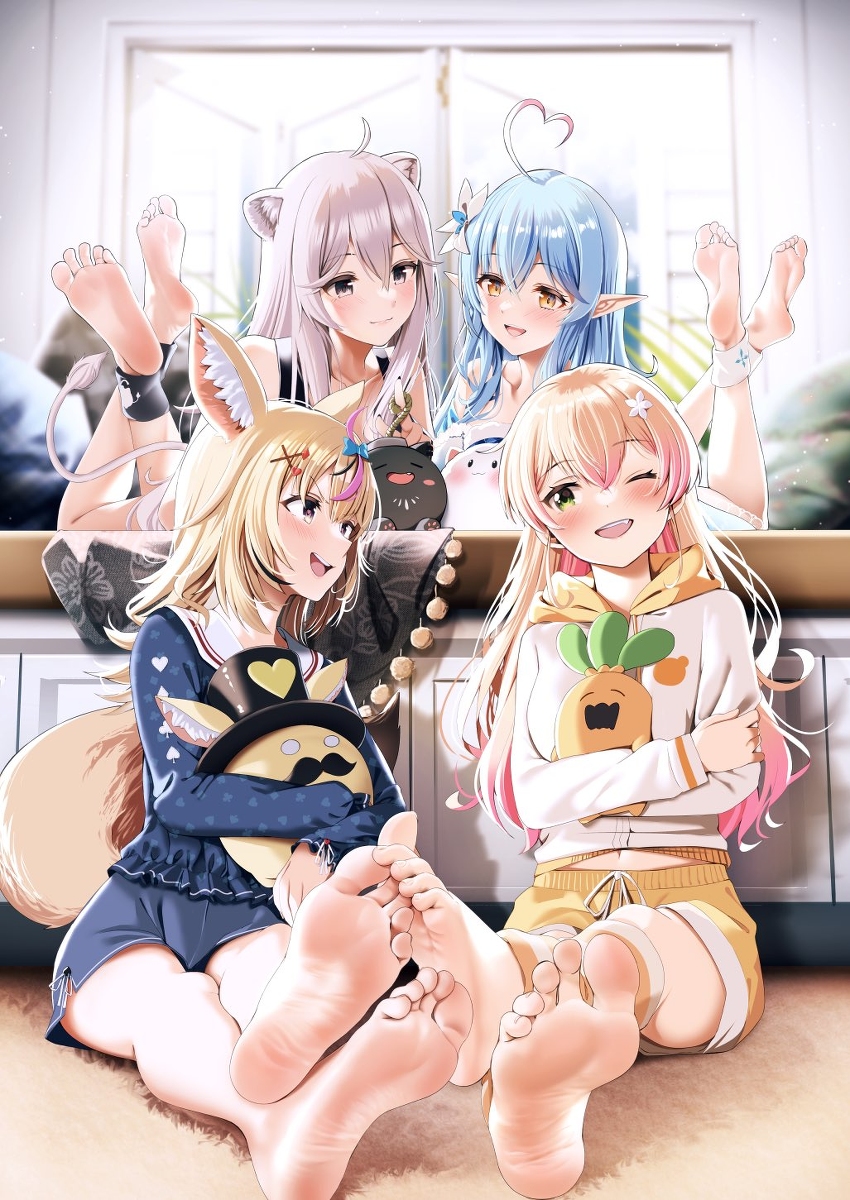 4girls, barefoot, blonde female, casino (casinoep), elf, feet, female, female only, foot fetish, foot focus, hololive, hololive gen 5, hololive japan, momosuzu nene, multiple females, multiple girls, omaru polka, shishiro botan, smile, soles, toes, virtual youtuber, wink, yukihana lamy