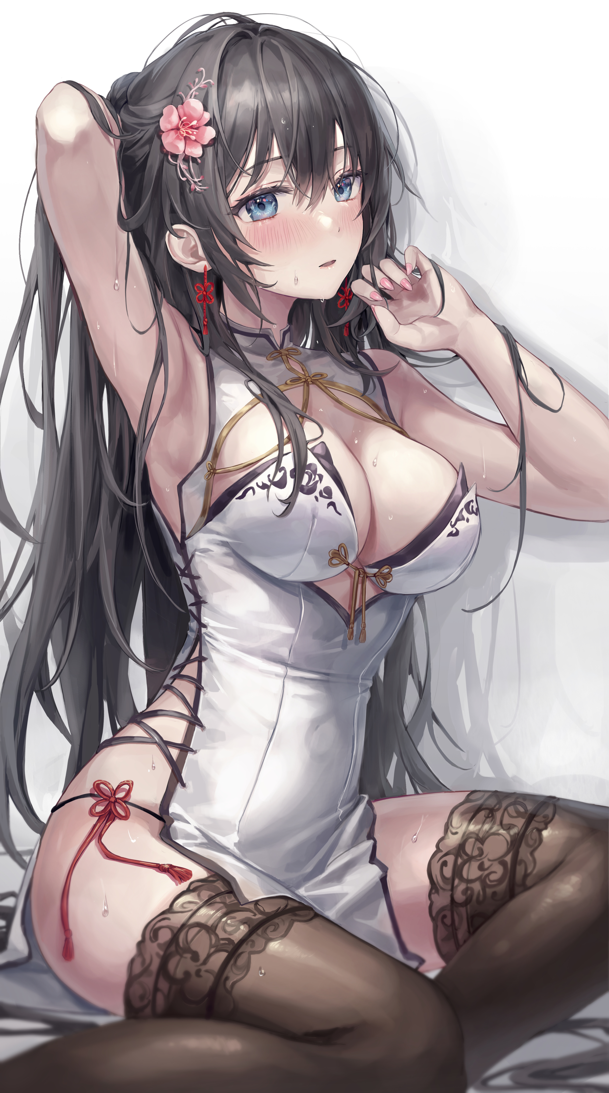 1girls, aibek, armpits, black hair, blue eyes, blush, breasts, cleavage, dress, female, female focus, flower, hi res, long hair, looking at viewer, nail polish, open mouth, original, simple background, sitting, sweat, thick thighs, thighhighs, wet
