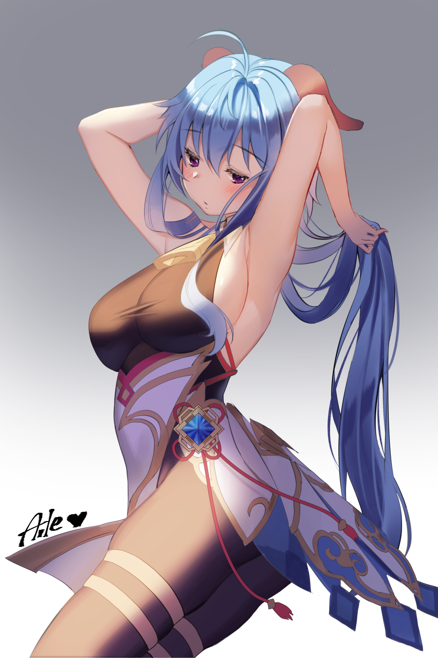 ahoge aile_(crossroads) armpits arms_behind_head arms_up bangs bare_shoulders bell blue_hair blush bodystocking breasts brown_legwear female ganyu_(genshin_impact) genshin_impact highres horns large_breasts long_hair looking_at_viewer open_mouth pantyhose purple_eyes sideboob solo thighs vision_(genshin_impact) waist_cape