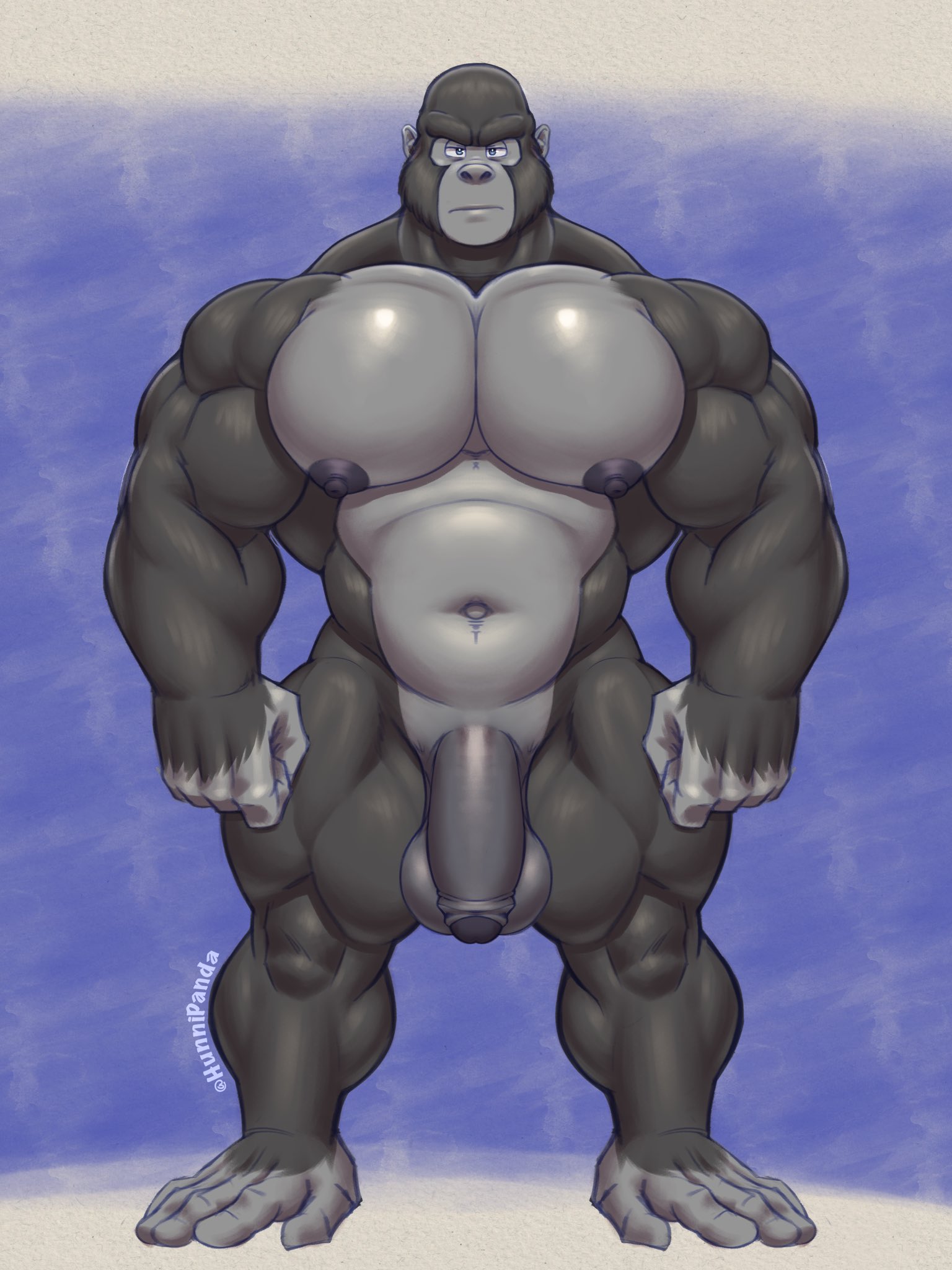 1boy, anthro, balls, bara, big balls, big daddy (sing), big penis, black glans, black nipples, flaccid, foreskin, fur, furry, gay, glans, gorilla, hunnipanda, male, male focus, male only, male solo, muscles, muscular, muscular male, navel, nipples, nude, penis, sing (movie), solo, solo male, uncircumcised, uncut
