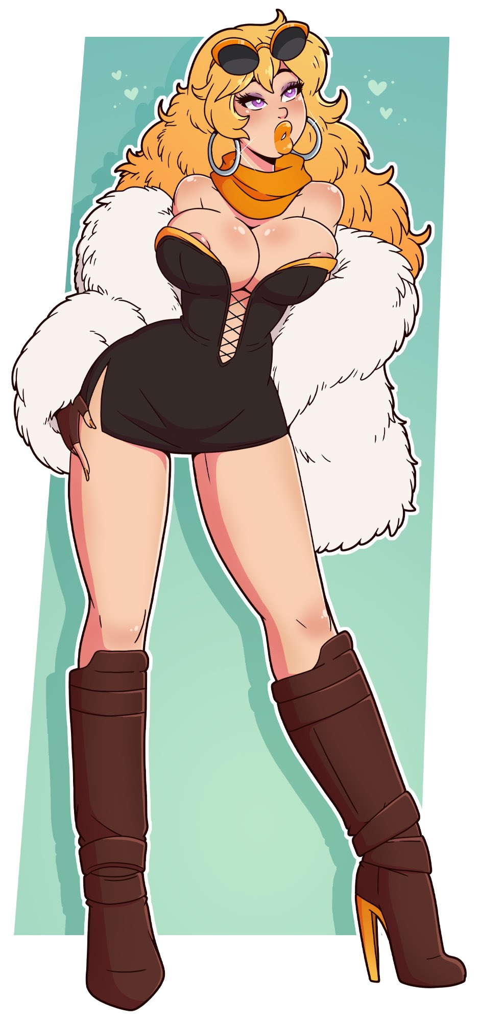 bimbo, blonde hair, boots, breasts, busty, cleavage, eyeshadow, female, fur coat, heart-shaped pupils, high heel boots, high heels, hoop earrings, lipstick, makeup, navel, nipple peek, nipples, rwby, short dress, thick lips, thick thighs, voluptuous, wide hips, wrenzephyr2, yang xiao long