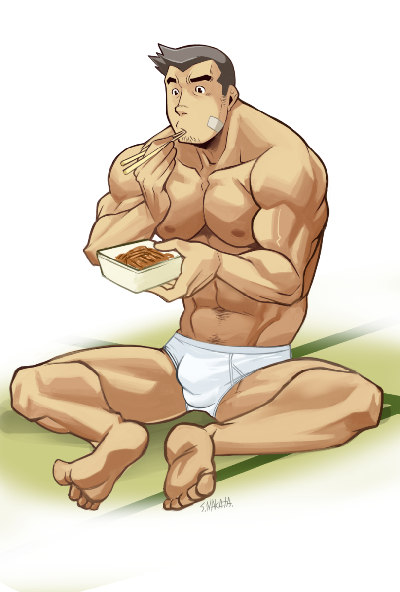 balls bandaid bandaid_on_face bara bulge capcom dick_gumshoe eating facial_hair gay gyakuten_saiban male male_only muscles muscular noodles penis shunpei_nakata solo solo_male tatami tighty_whities underwear underwear_only white_briefs white_underwear