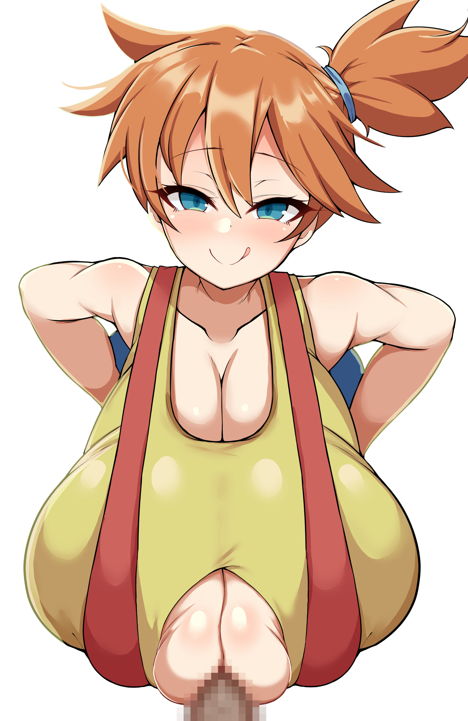 1boy, 1girls, alternate breast size, big breasts, blush, breasts, breasts bigger than head, clothed, detritus, duvet208, ejaculation, female, gigantic breasts, green eyes, huge breasts, hyper, hyper breasts, kasumi (pokemon), large breasts, male, misty (pokemon), nintendo, orange hair, overflowing breasts, paizuri, penis, pokemon, pokemon rgby, red hair, sagging breasts, skindentation, smile, solo, solo female, steam, suspenders, top heavy, upper body