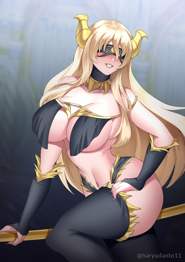 1girls blindfold blonde_hair blush breast_curtains goblin_slayer haryudanto huge_breasts long_hair revealing_clothes stockings sword_maiden_(goblin_slayer) thighhighs voluptuous