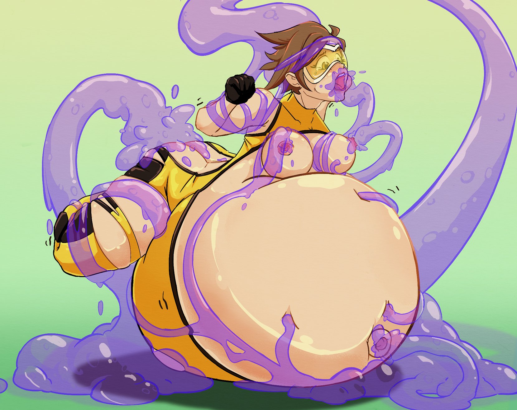 ass, ass crack, belly, belly inflation, big ass, big belly, big breasts, big butt, bloated, bloated belly, breasts, brown hair, bubble ass, bubble butt, butt crack, casualobsessive, female, goggles, goo, huge belly, inflated belly, inflation, nipples, open mouth, overwatch, short hair, slime, slime inflation, solo female, tentacle, torn clothes, tracer