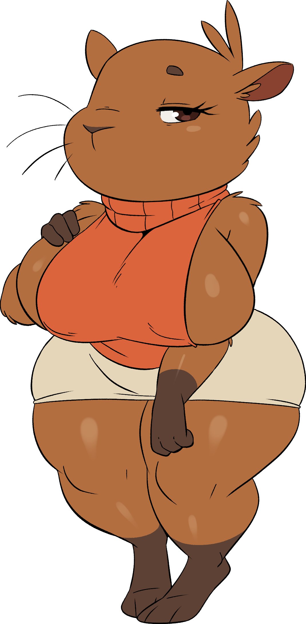 anthro, big breasts, breasts, capybara, cleavage, clothed, clothing, female, fur, furry, furry only, joaoppereiraus, large breasts, pam (joaoppereiraus), shortstack, skirt, solo, standing, tagme, thick thighs, wide hips