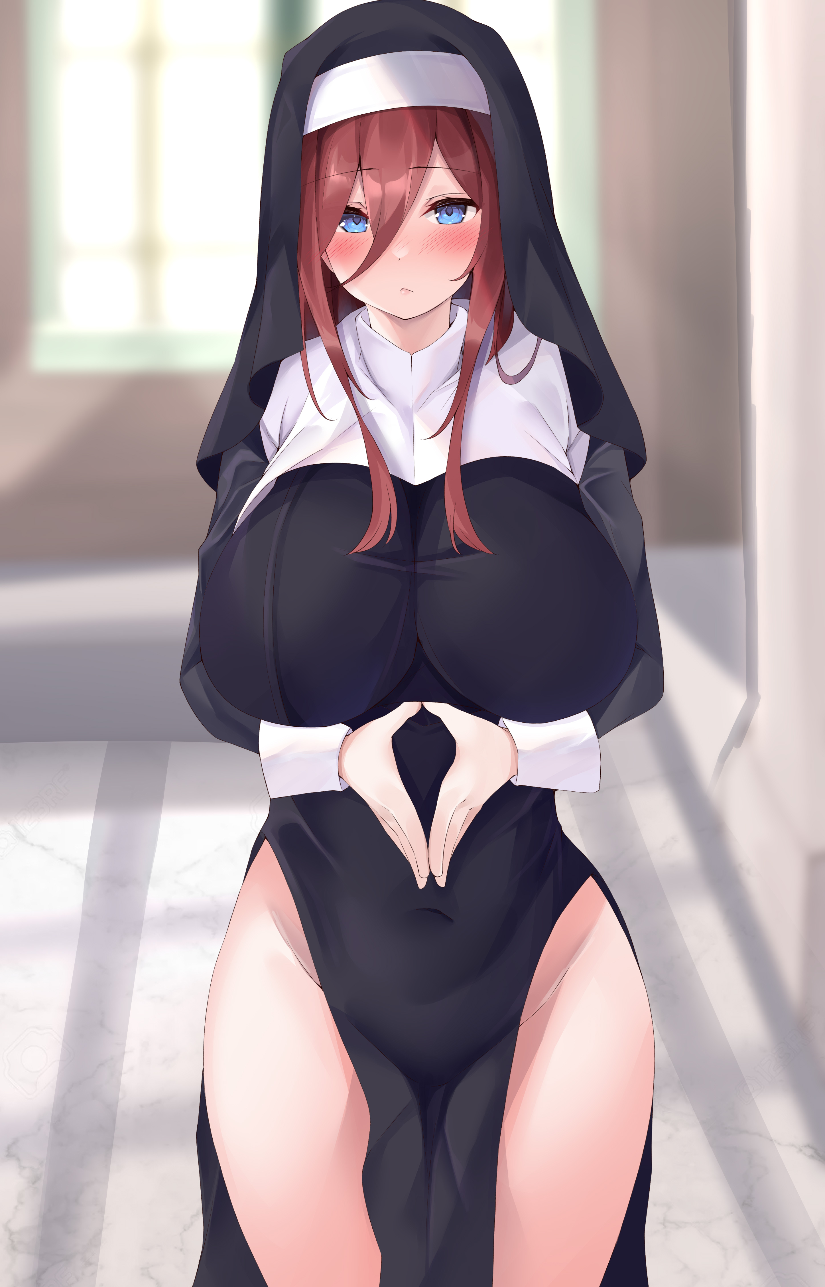 blush, breasts, brown hair, female, go-toubun no hanayome, hair between eyes, huge breasts, looking at viewer, medium hair, micosivaa, nakano miku, nun, nun outfit, nun's habit, pelvic curtain, standing, thick thighs, thighs, uncensored